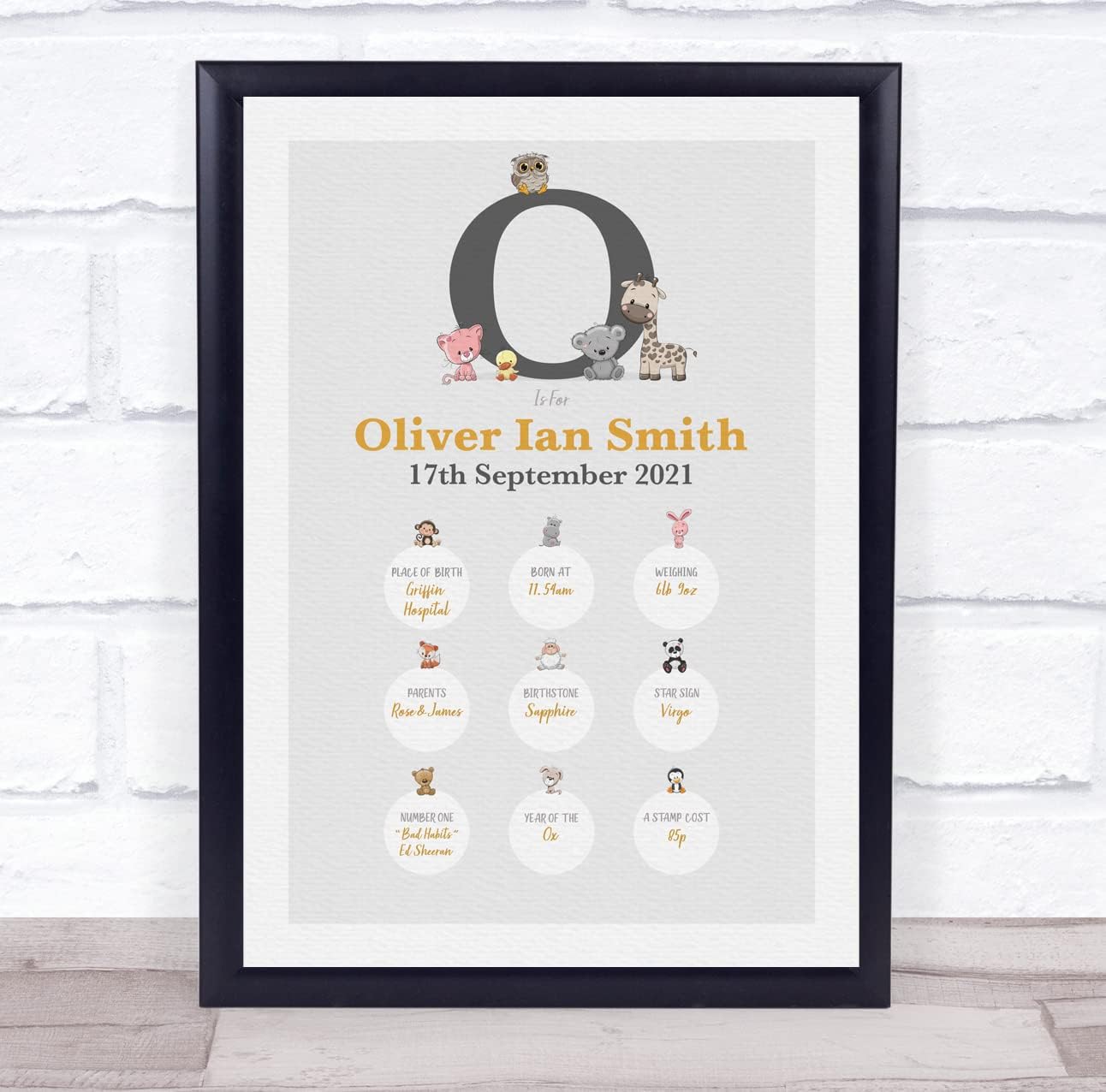 New Baby Birth Details Christening Initial Animal Print