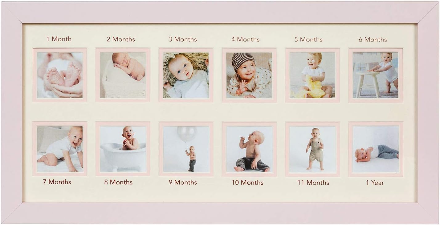 Wood Side Orbis First Year Baby Keepsake Frame with 12 Slots - Pink