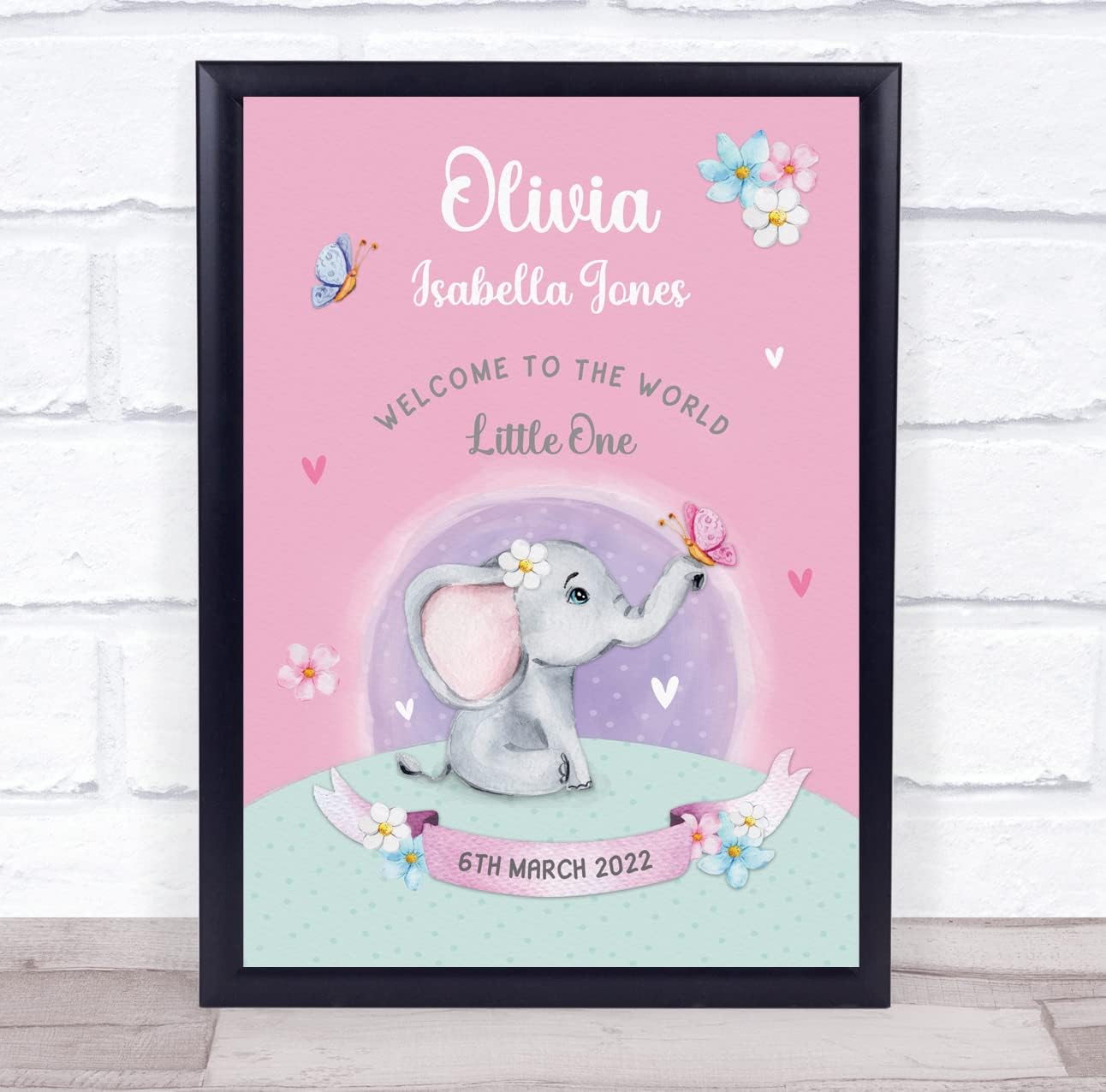 The Card Zoo Elephant Pink Baby Birth Keepsake Print