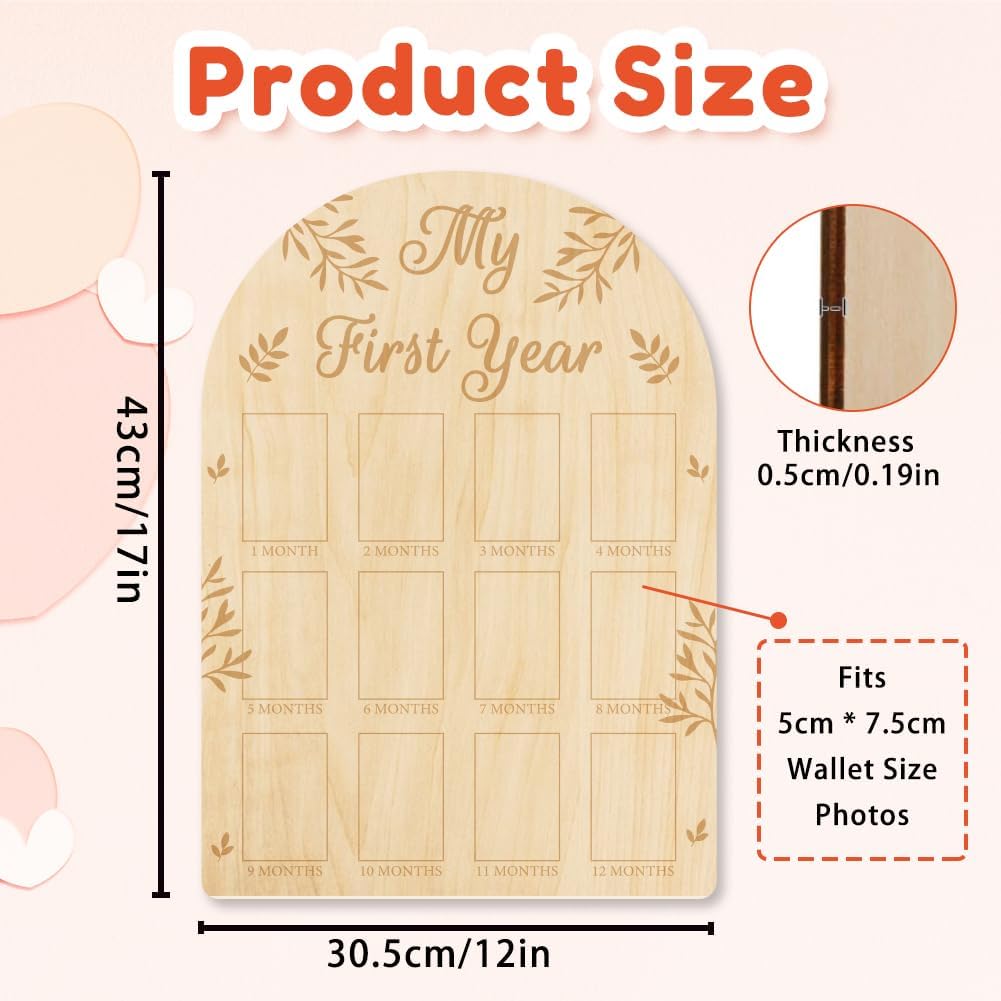 ORIGACH 12 Month Baby Growth Photo Frame - Wooden Board with Leaves Pattern
