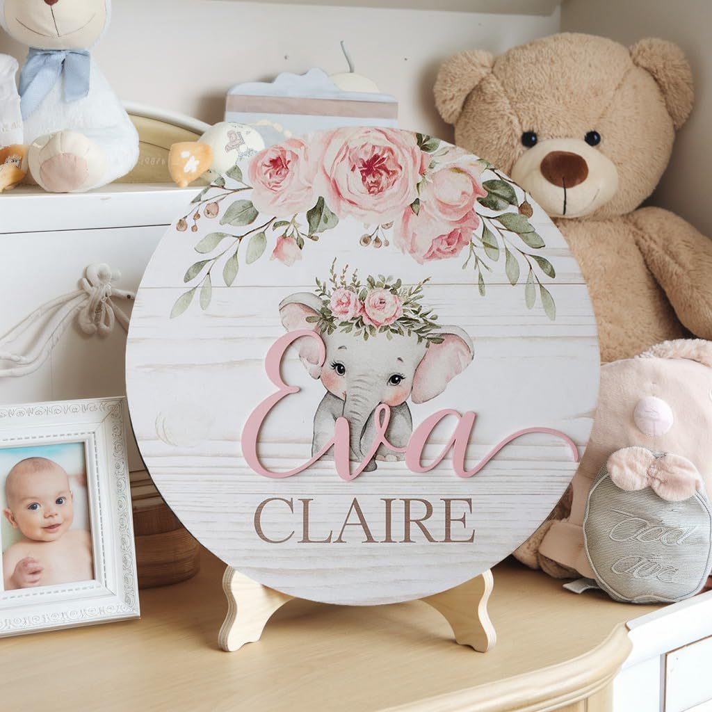 Personalized Wooden Name Sign with Floral Elephant Design