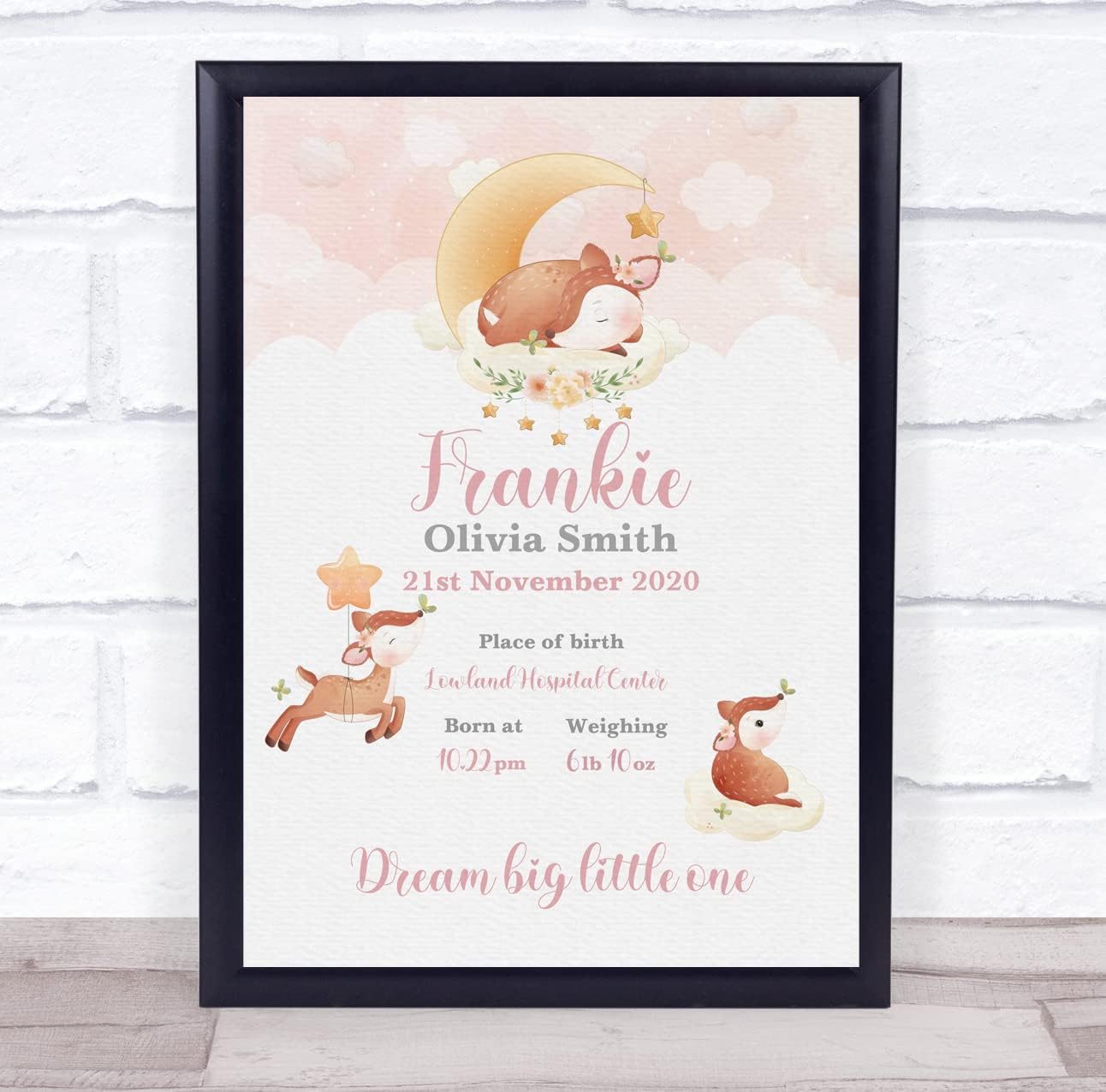 New Baby Birth Details Christening Watercolour Deer Keepsake Print