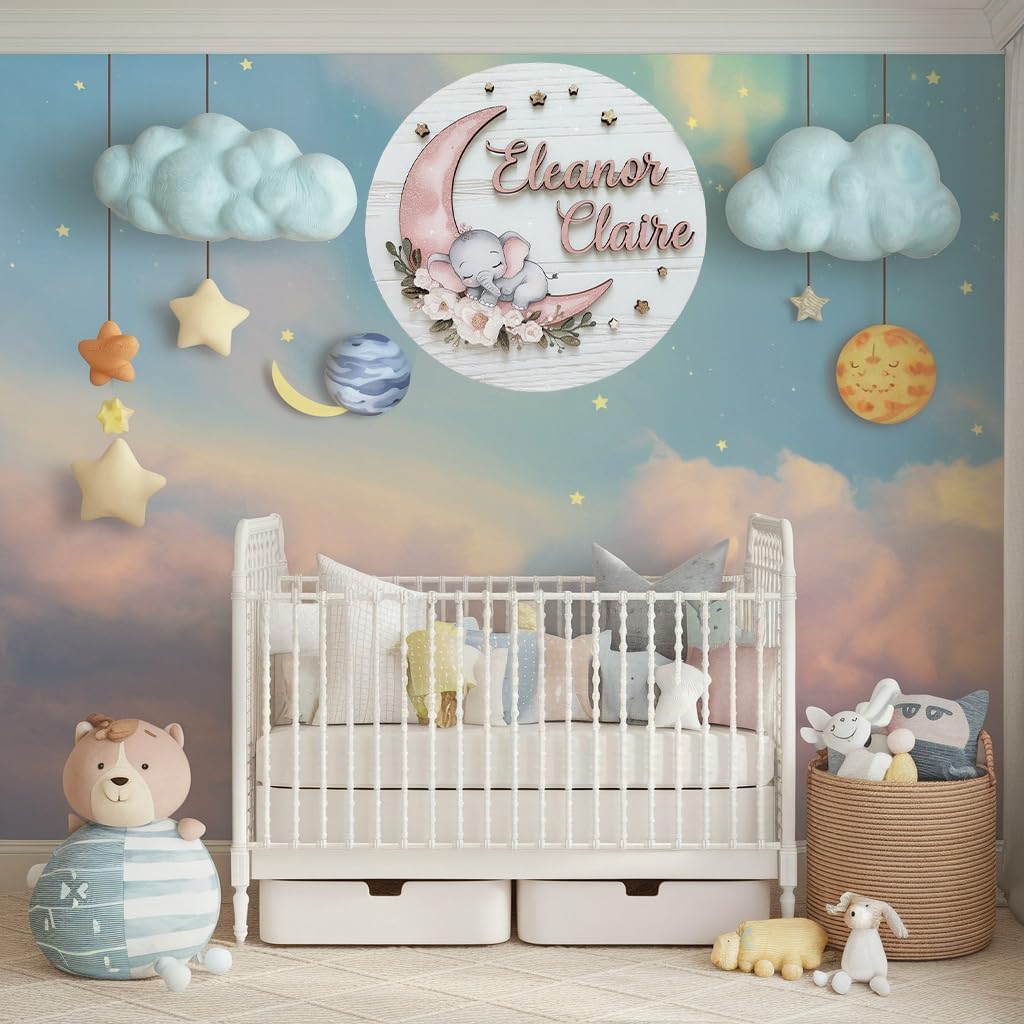 Personalized Wooden Name Sign with Stork and Clouds