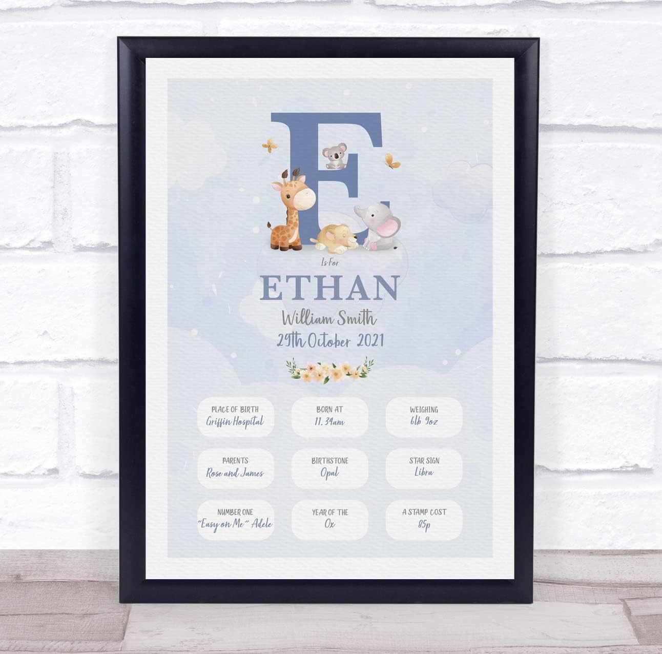 New Baby Birth Details Christening Nursery Blue Initial E Keepsake Print