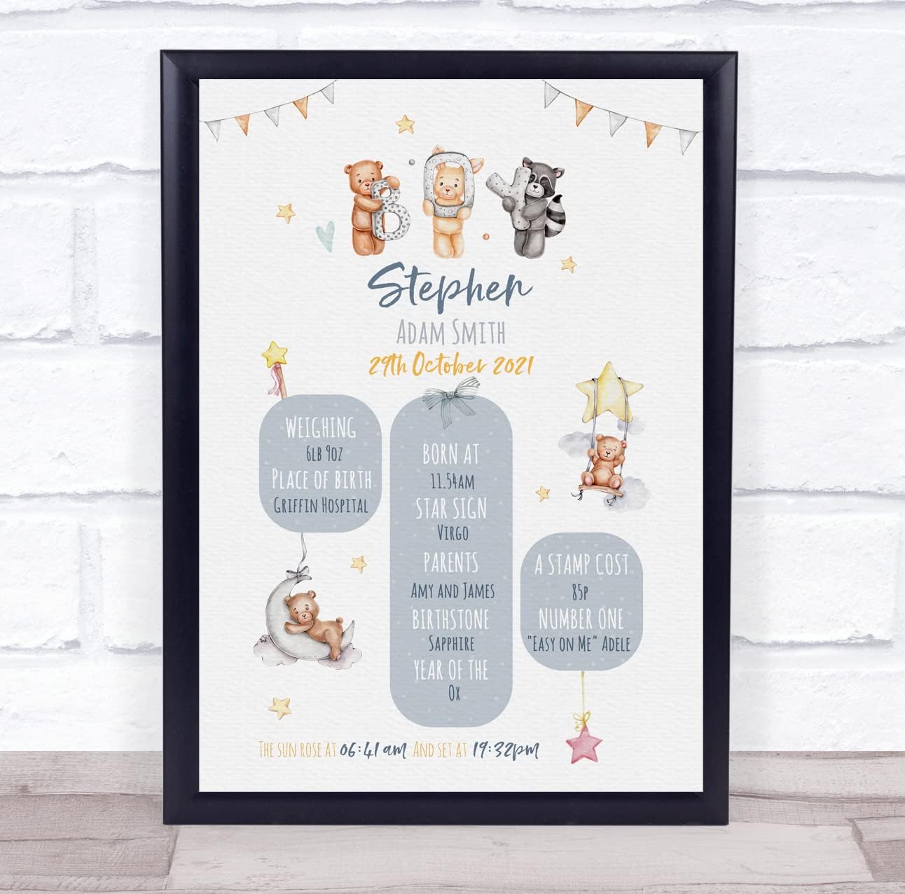 New Baby Birth Details Christening Animal Keepsake Print Frame