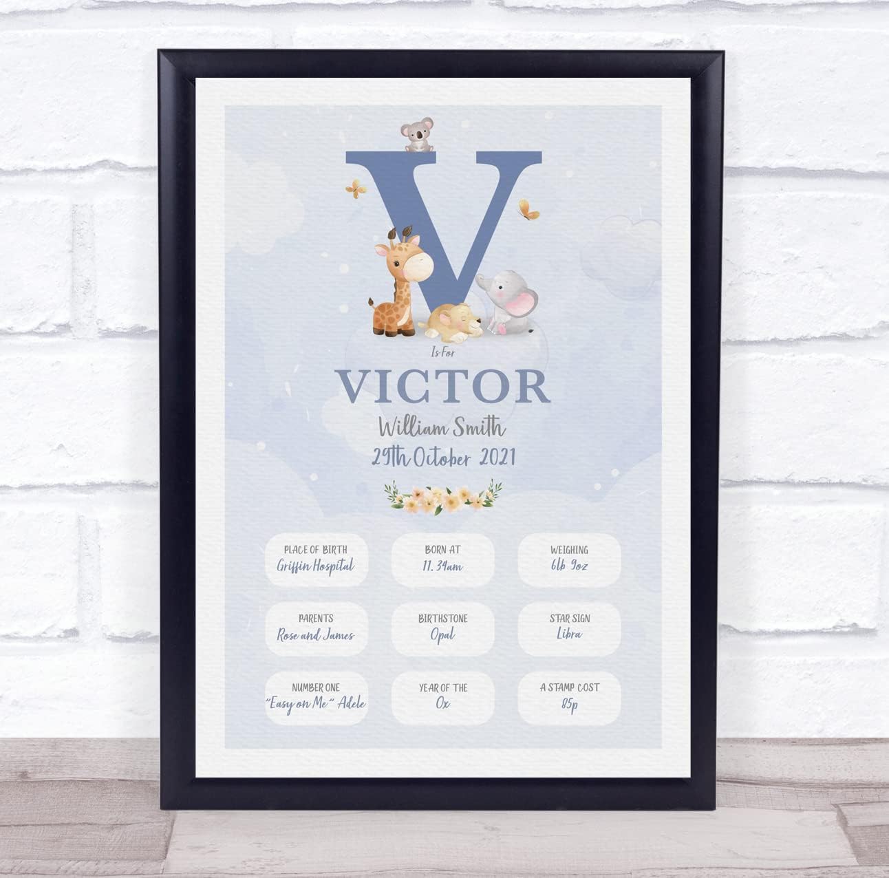 New Baby Birth Details Christening Nursery Blue Initial V Keepsake Frame