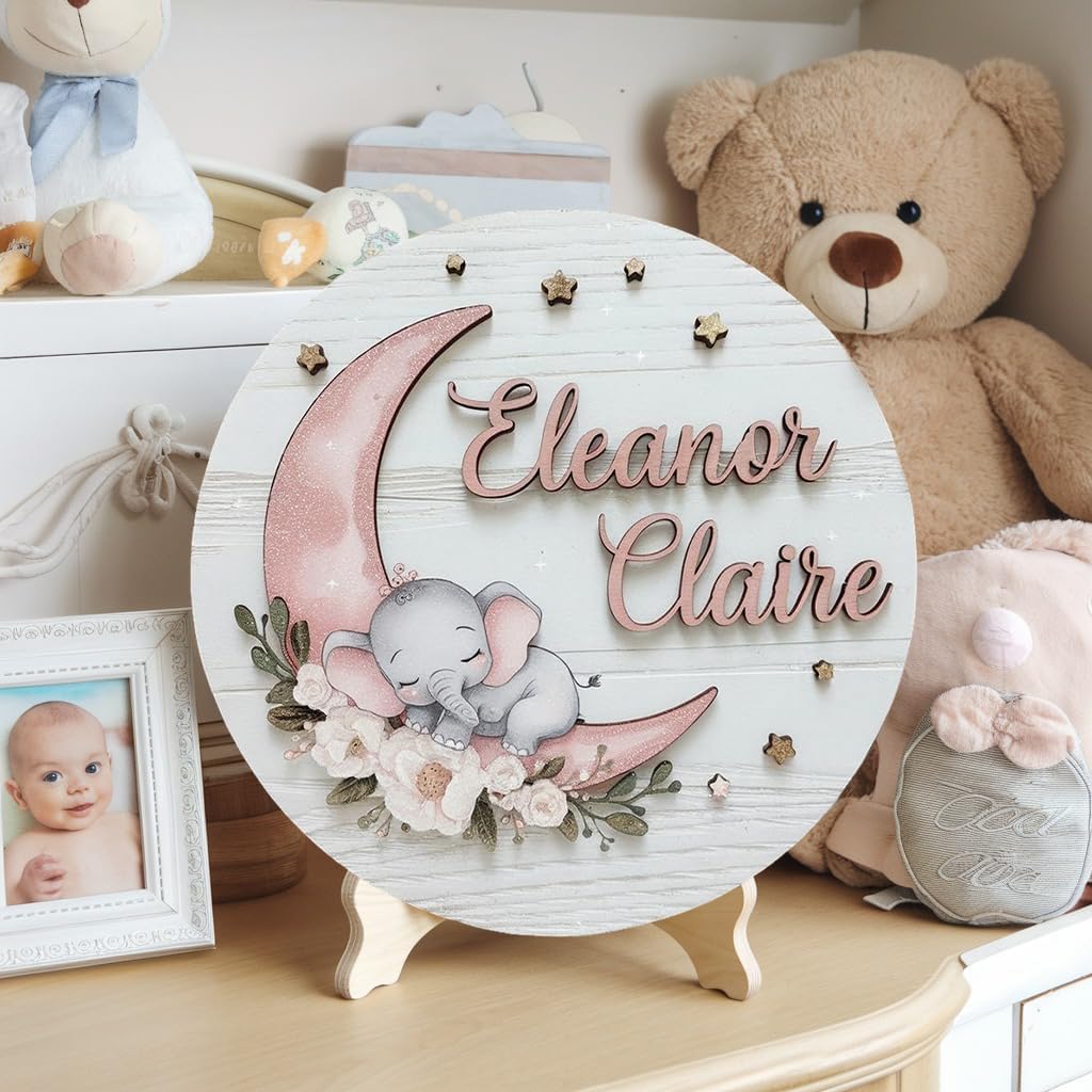 Personalized Wooden Name Sign with Stork and Clouds