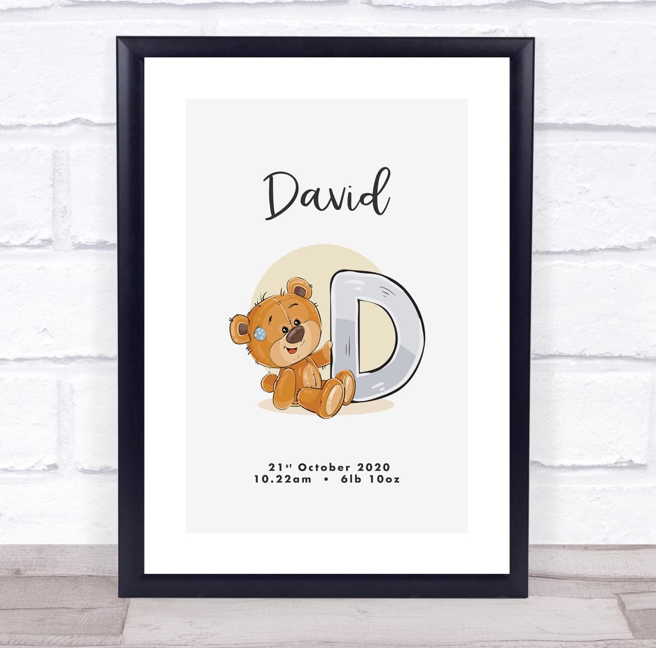 New Baby Birth Details Christening Bear Initial Print Keepsake