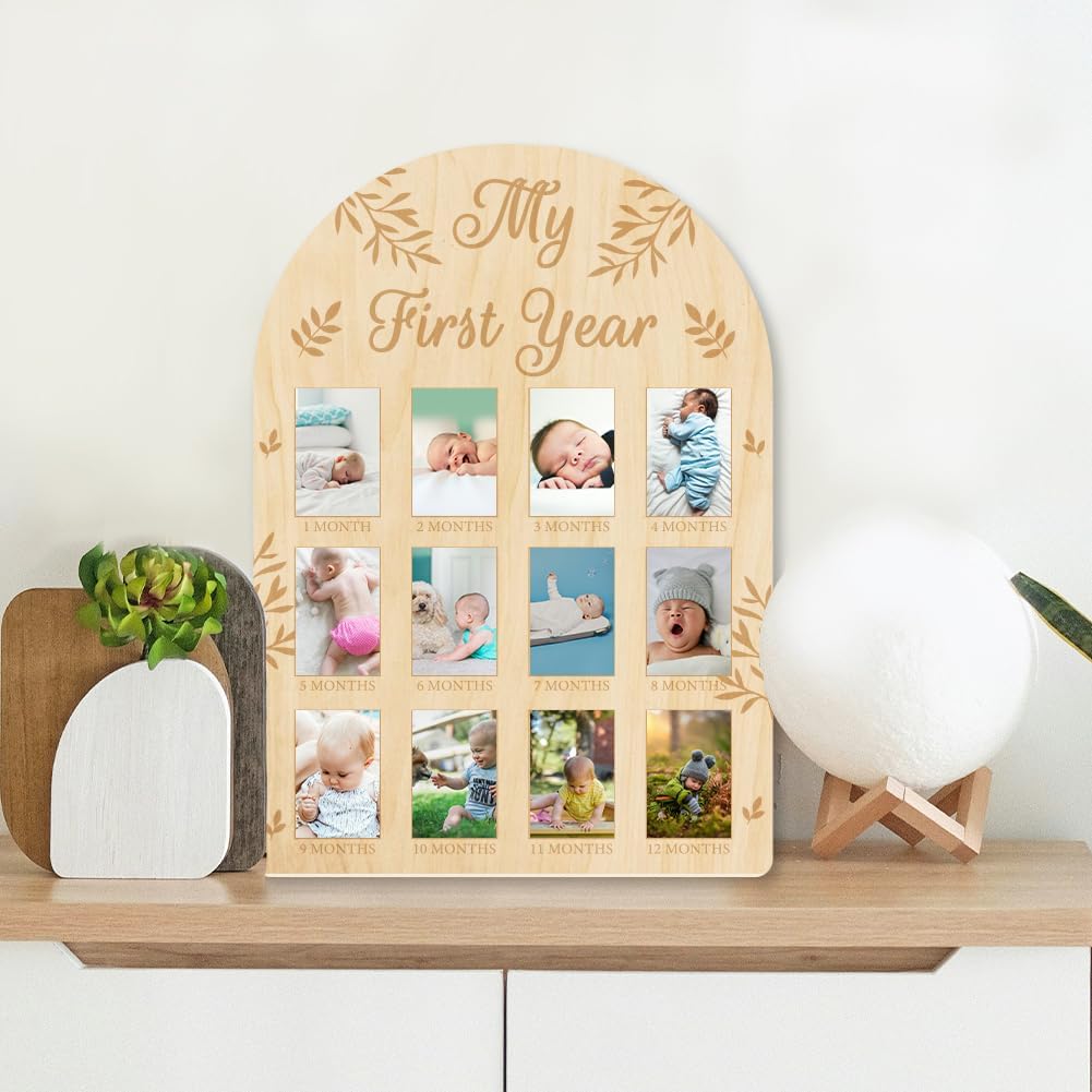 ORIGACH 12 Month Baby Growth Photo Frame - Wooden Board with Leaves Pattern