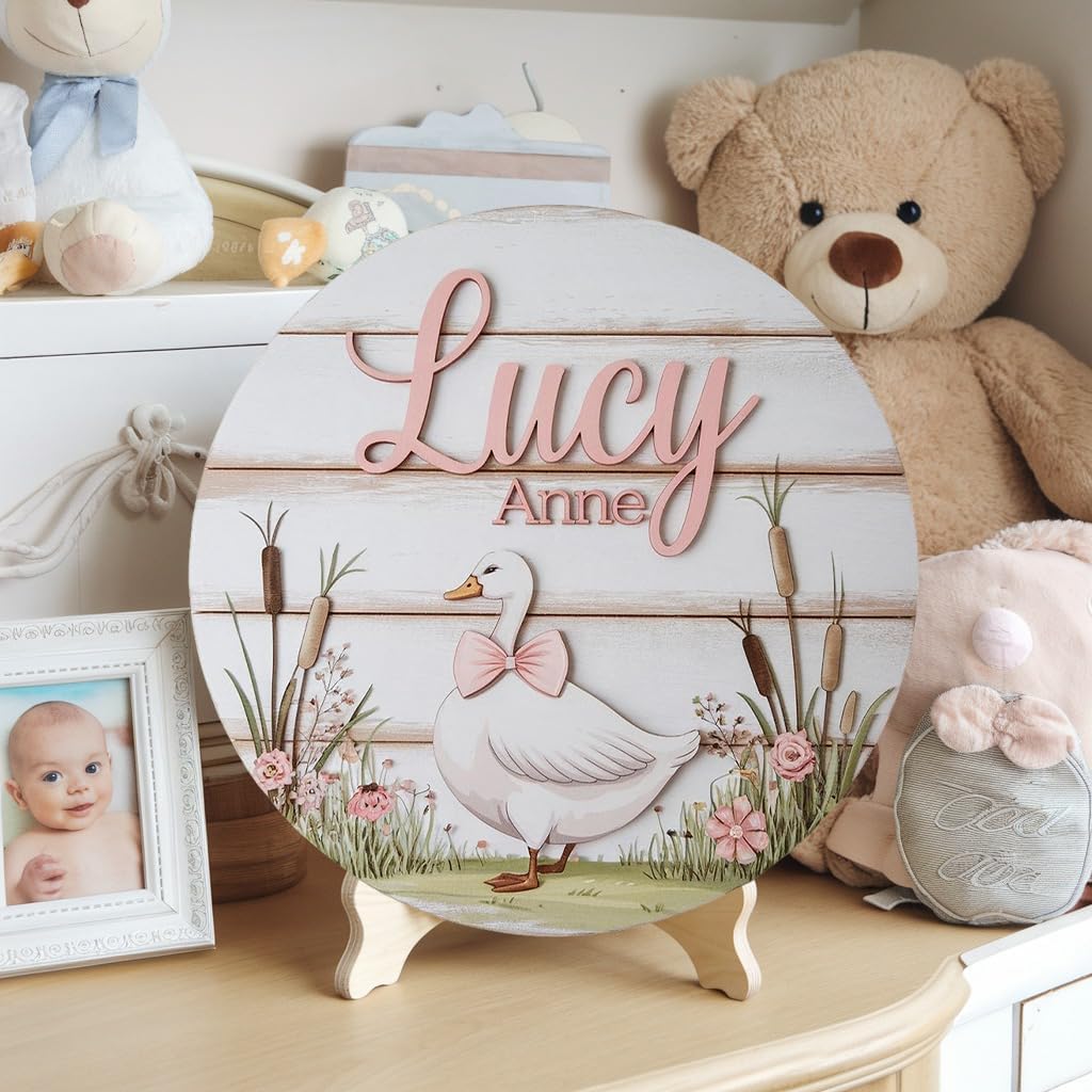 Personalized Wood Name Sign with Pink Goose Design