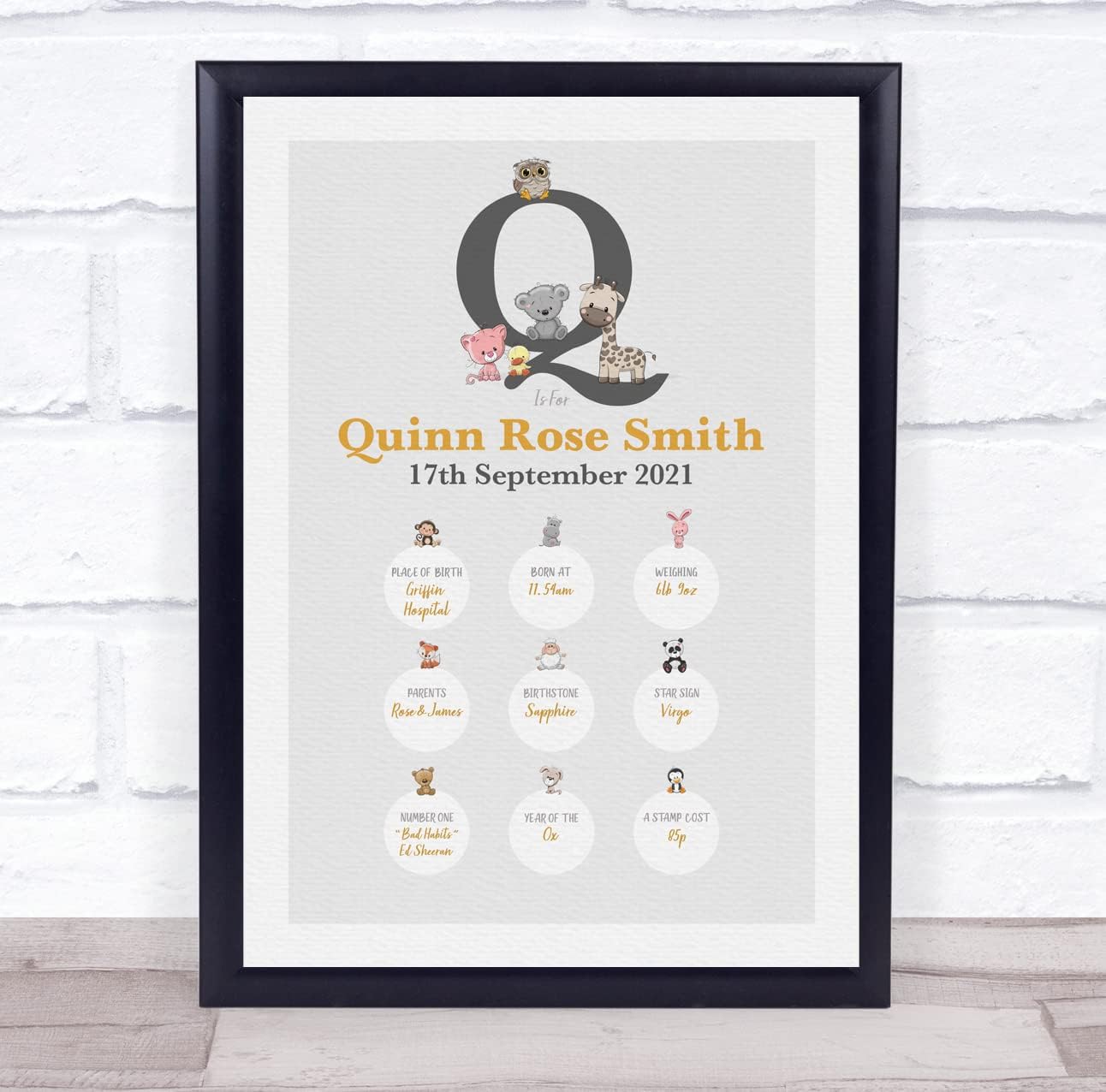 New Baby Birth Details Christening Initial Q Animal Print