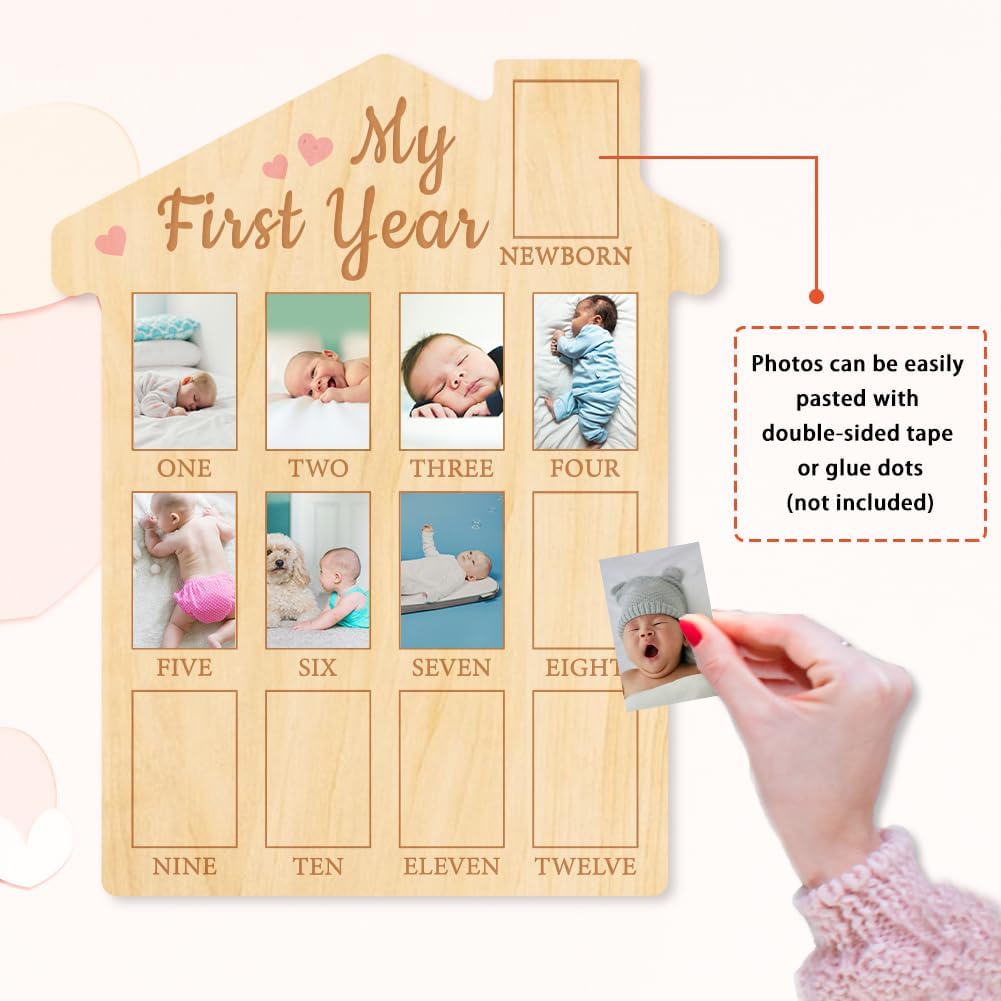 ORIGACH First Year Baby Growth Photo Board - 12 Months Wood Frame with Pink Heart