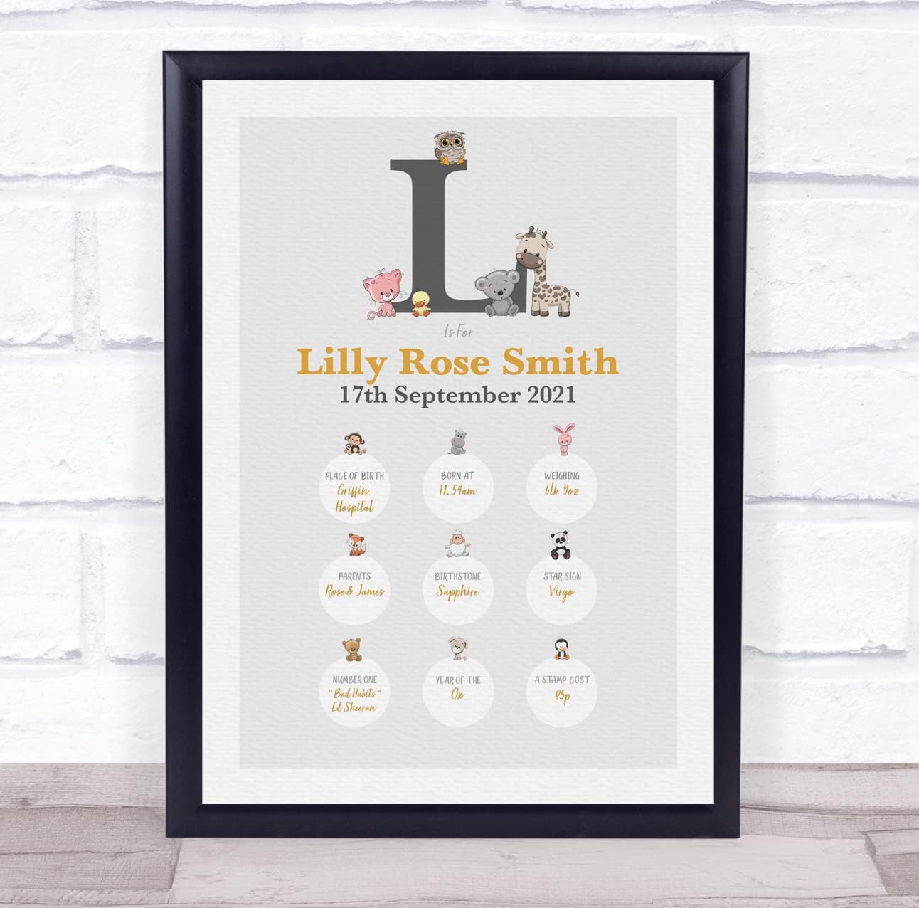 New Baby Birth Details Christening Nursery Animal Initial L Keepsake Print