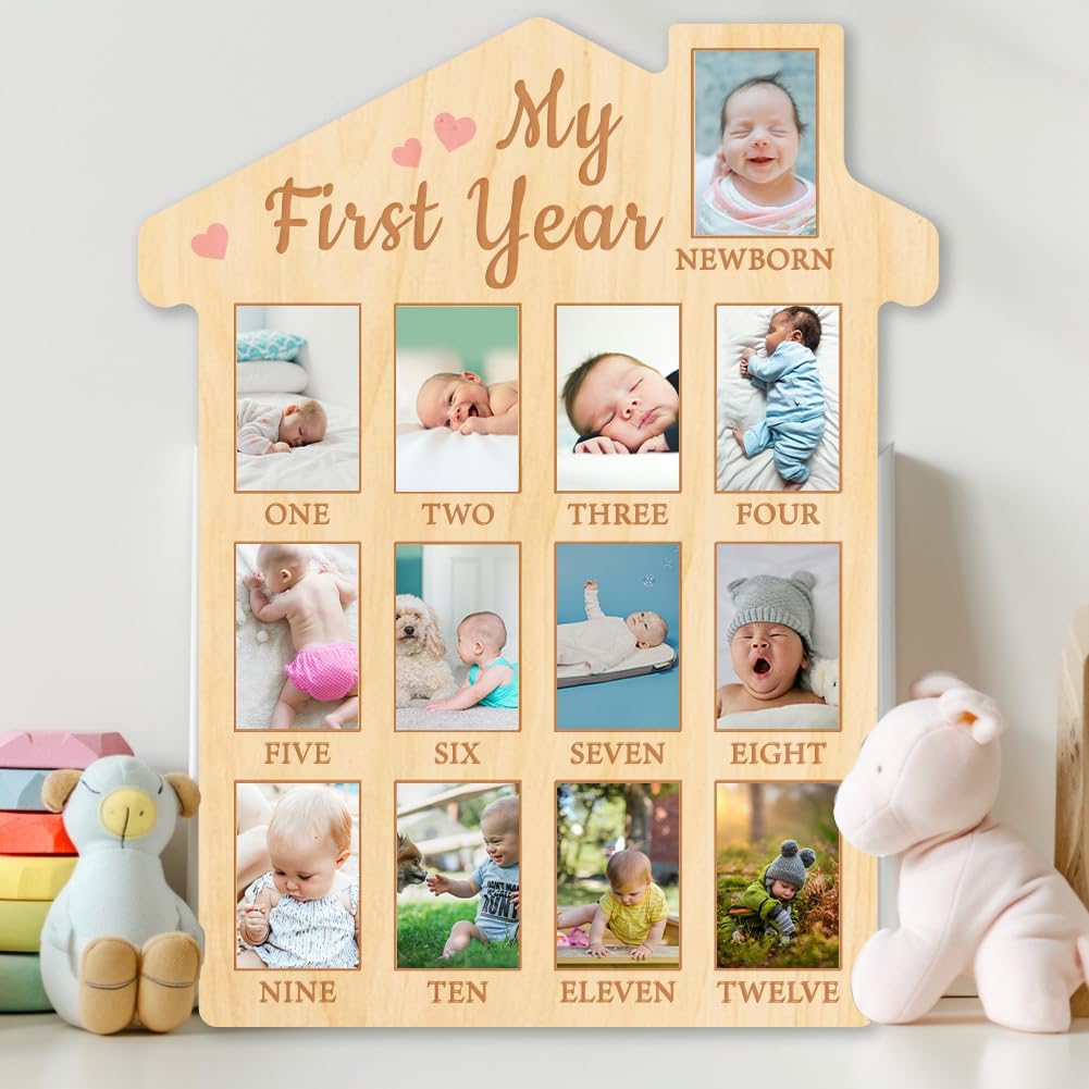 ORIGACH First Year Baby Growth Photo Board - 12 Months Wood Frame with Pink Heart