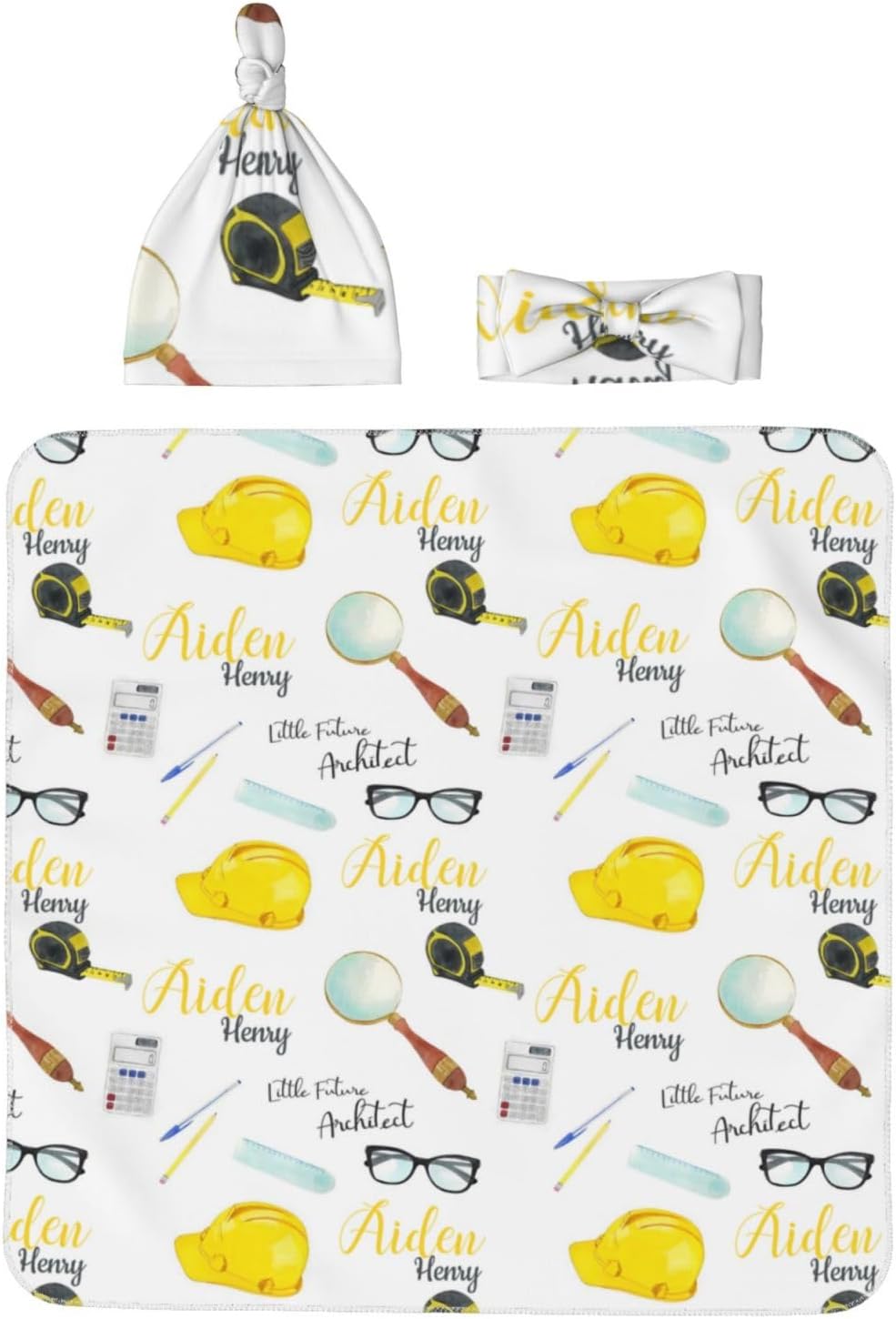 Personalized Swaddle Blanket with Hat Headband Set for Newborns