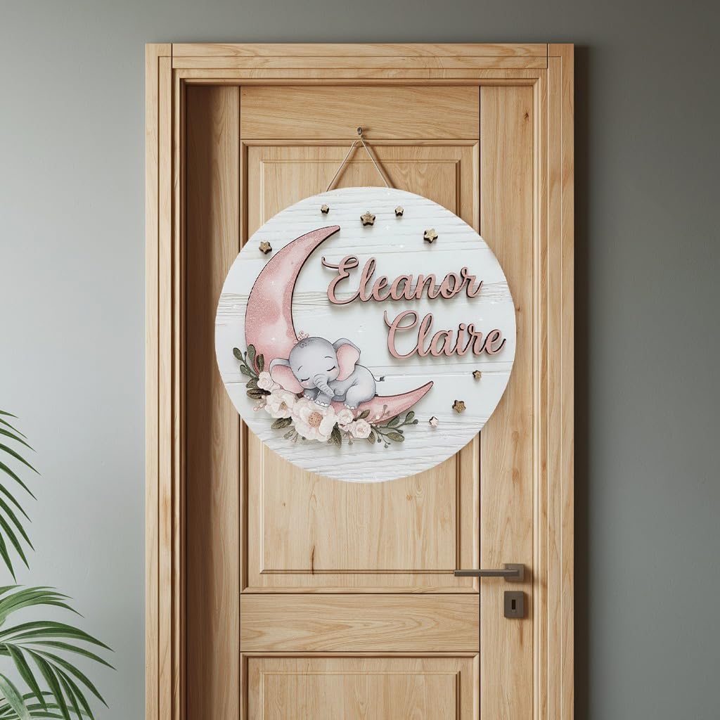Personalized Wooden Name Sign with Stork and Clouds