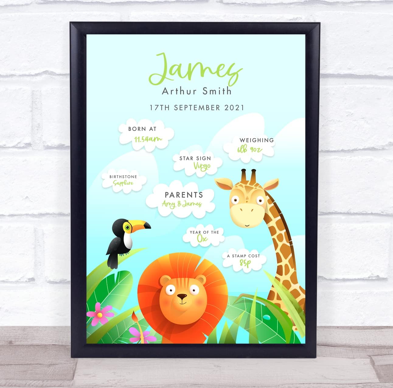 New Baby Jungle Animals Birth Details Christening Keepsake Print 1