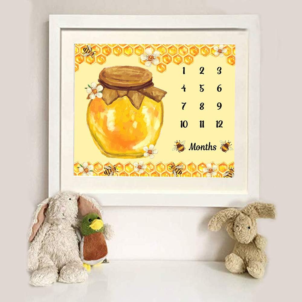 Bees Theme Baby Milestone Blanket - Soft Flannel Honey Jar Design