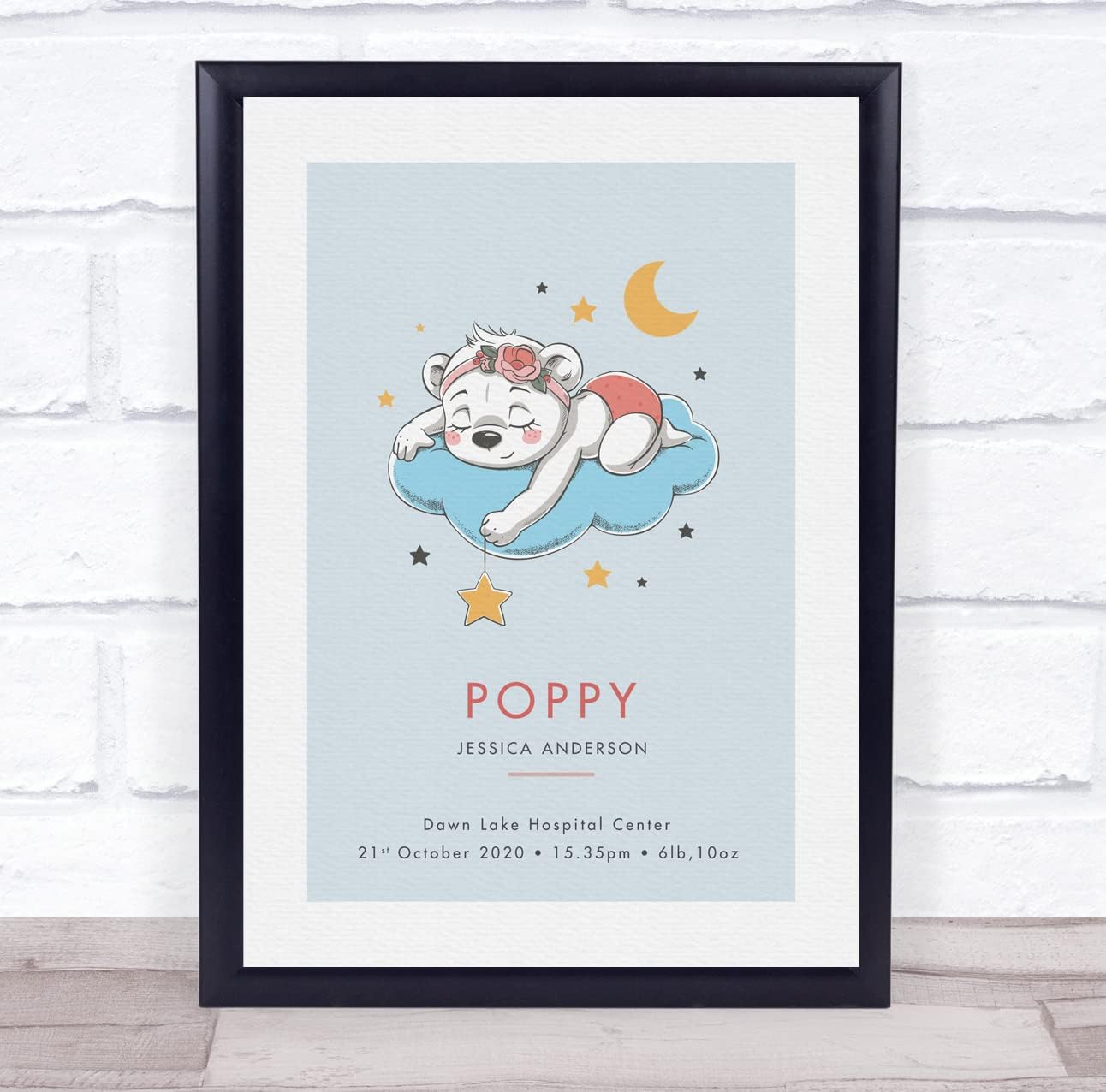 New Baby Birth Details Christening Bear Cloud Blue Keepsake Print