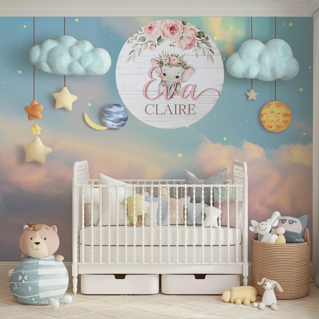 Personalized Wooden Name Sign with Floral Elephant Design