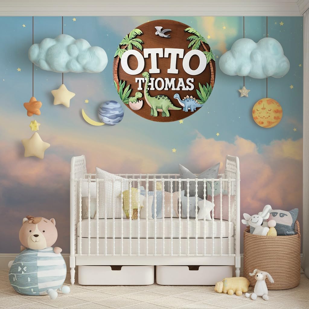 Personalized Baby Name Wooden Sign with Dinosaur T-Rex
