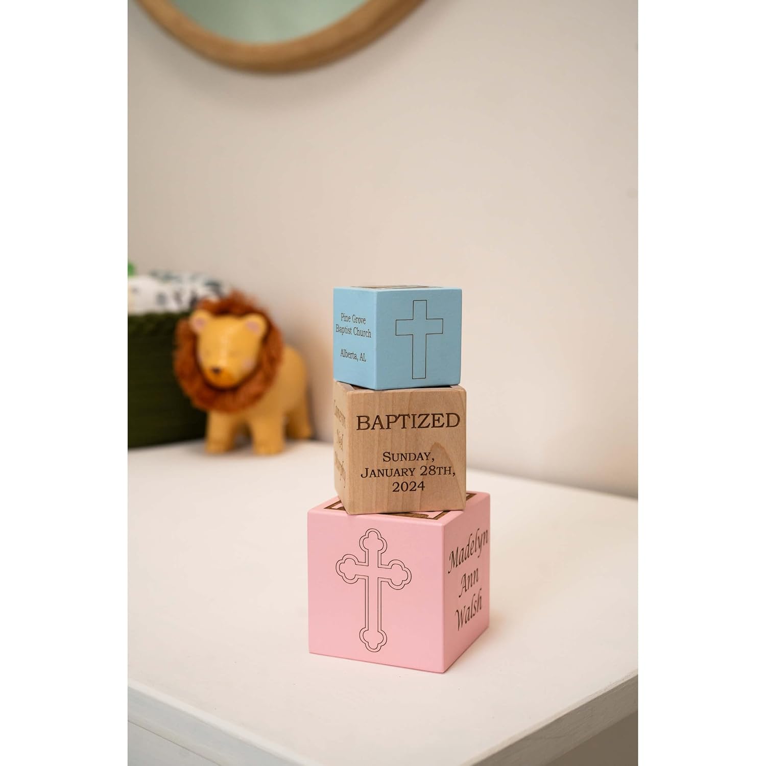 Palmetto Wood Shop Baptism Baby Block - Custom Engraved Handcrafted in the USA 3 Sizes 3 Colors