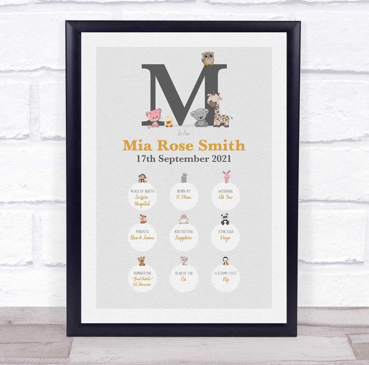 New Baby Birth Details Christening Animal Initial Print 1