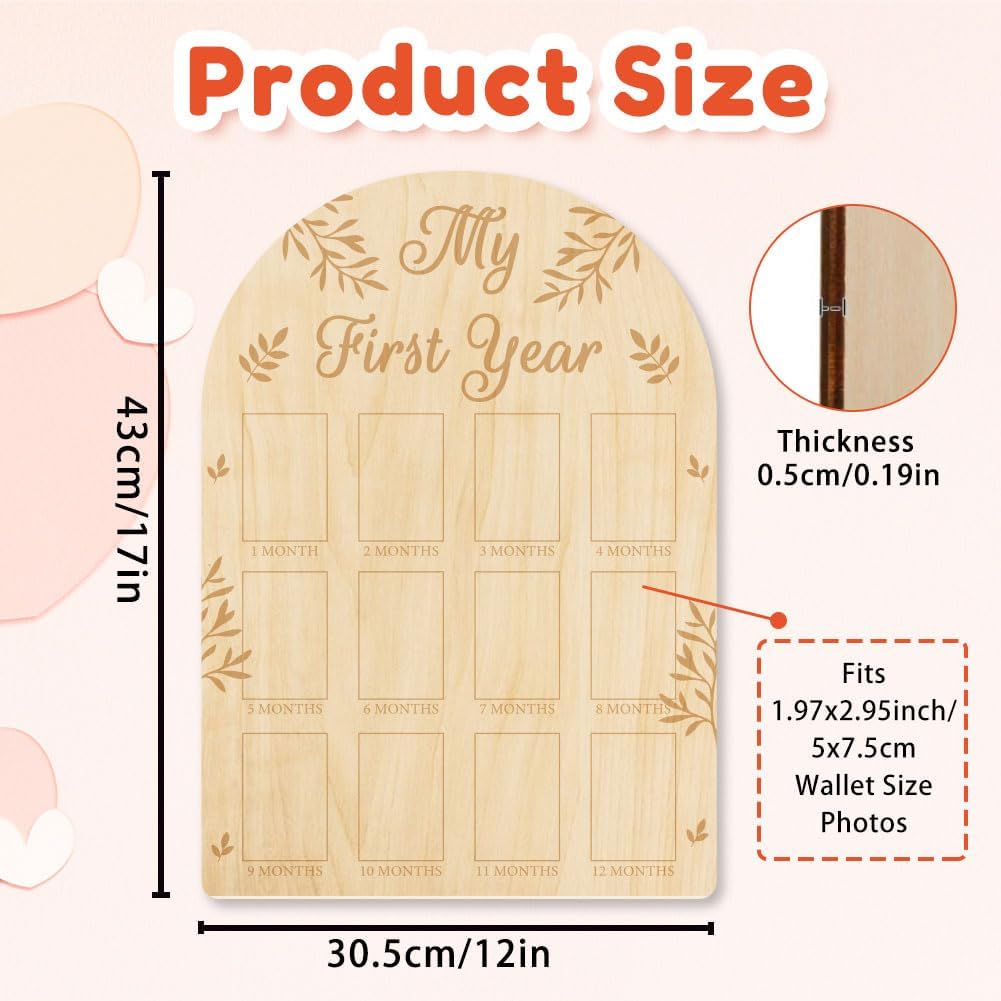ORIGACH 12 Month Baby Growth Photo Frame - Wooden Board with Leaves Pattern