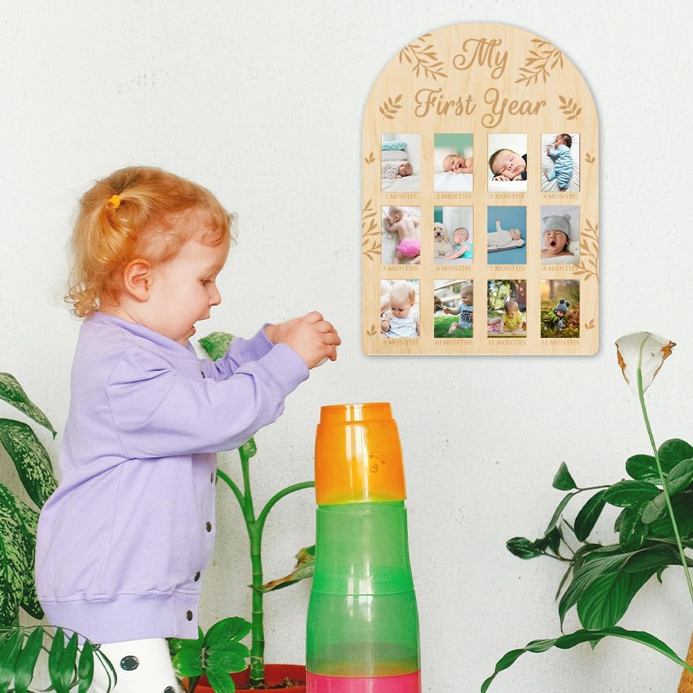 ORIGACH 12 Month Baby Growth Photo Frame - Wooden Board with Leaves Pattern