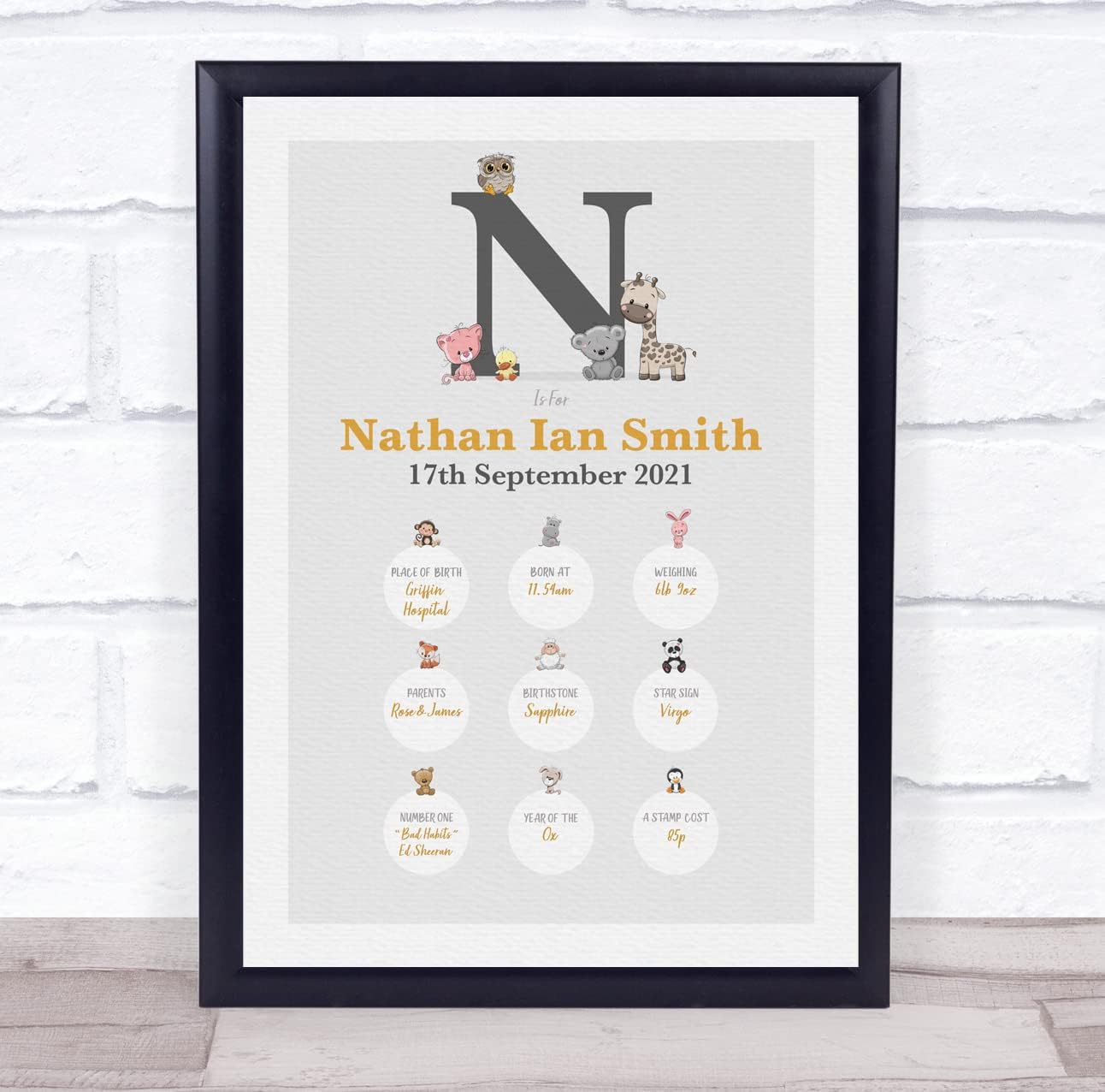 New Baby Birth Details Christening Animal Initial Print