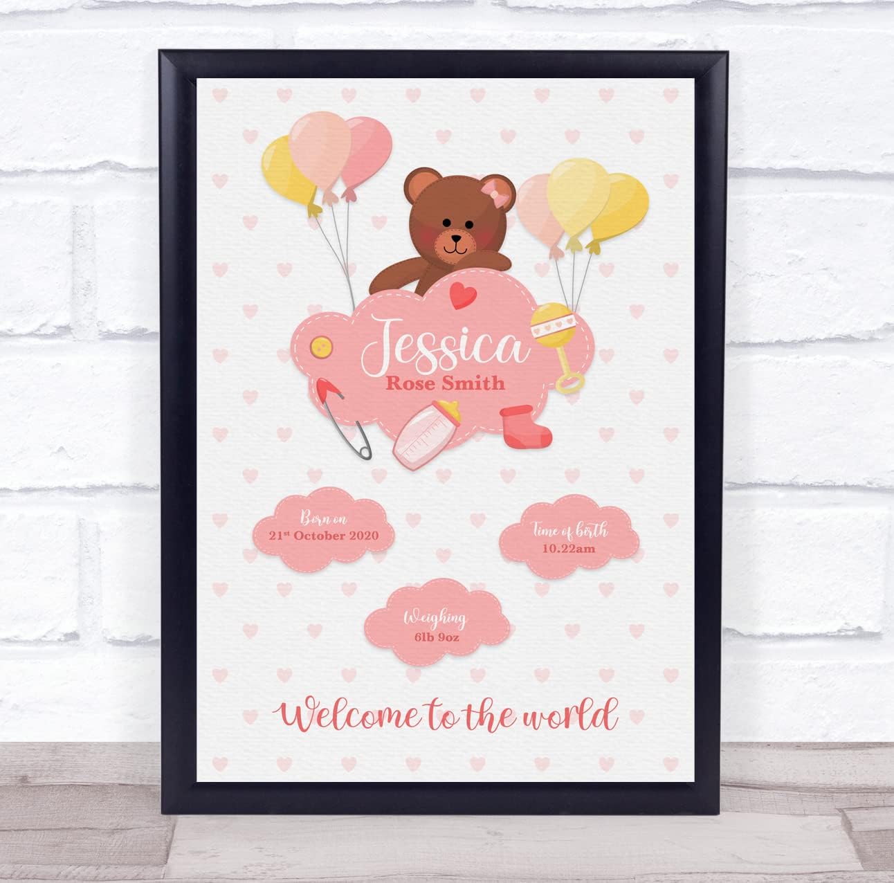 The Card Zoo New Baby Birth Details Christening Bear Pink Keepsake Print