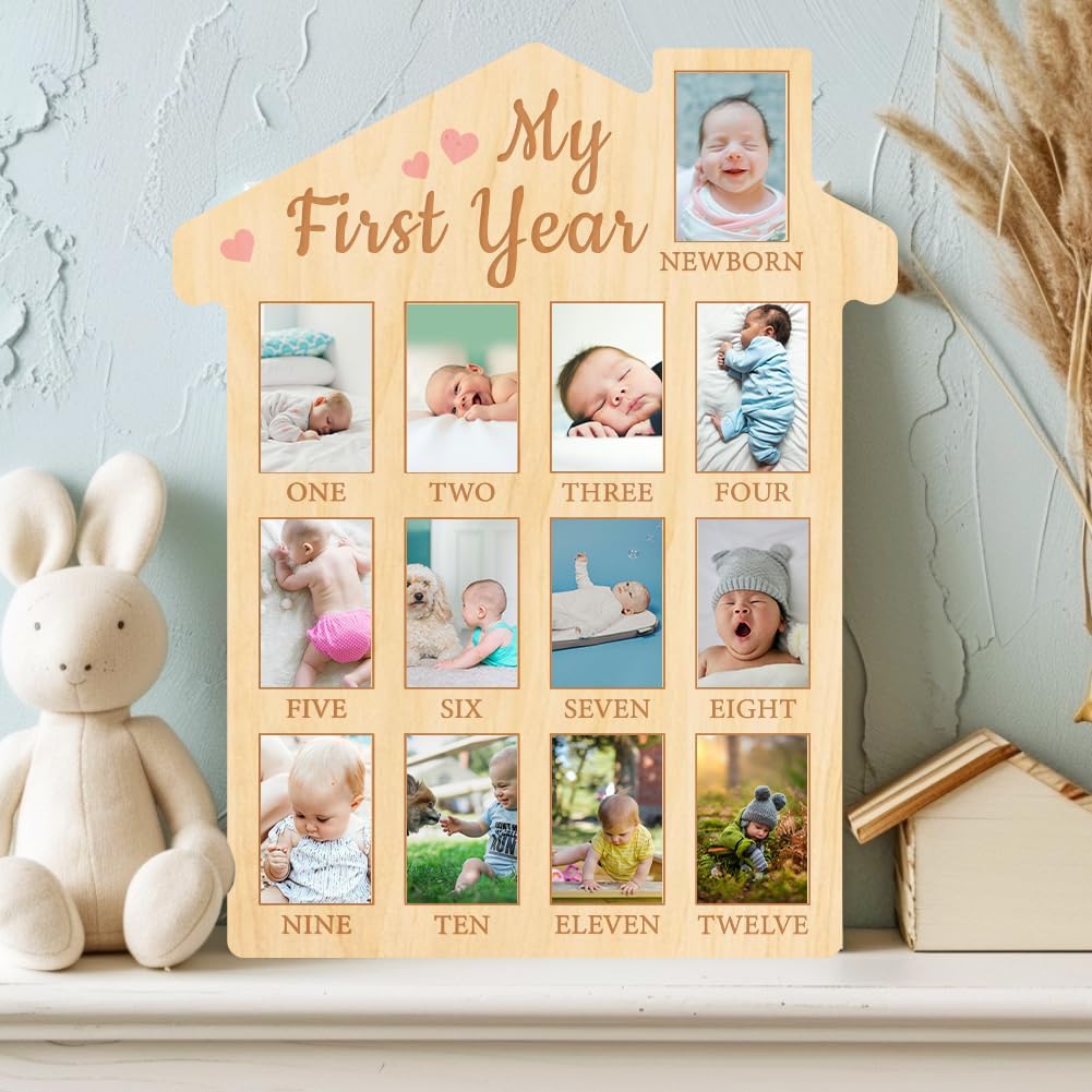 ORIGACH First Year Baby Growth Photo Board - 12 Months Wood Frame with Pink Heart