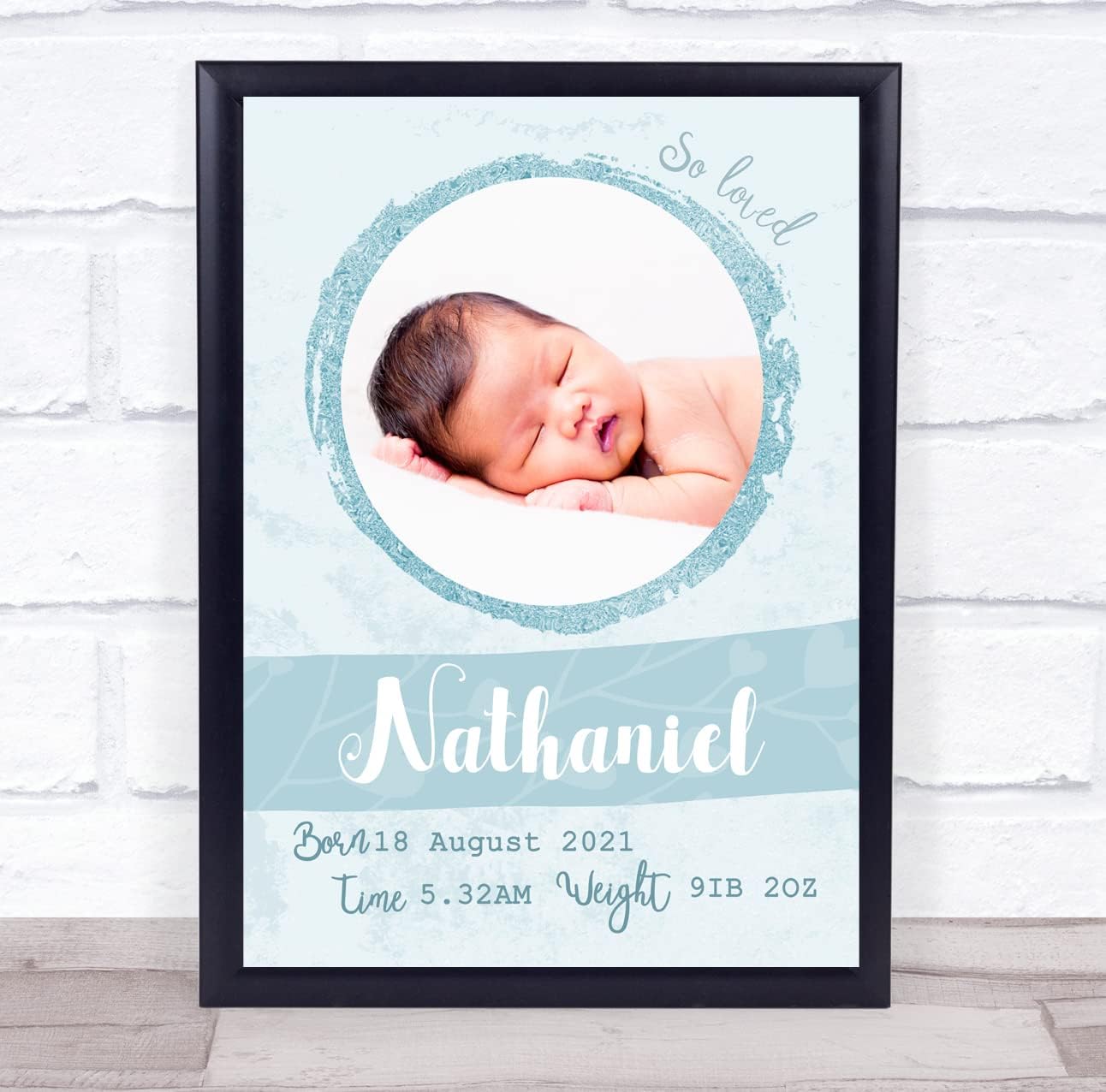 New Baby Birth Details Christening Blue Circle Photo Keepsake Print