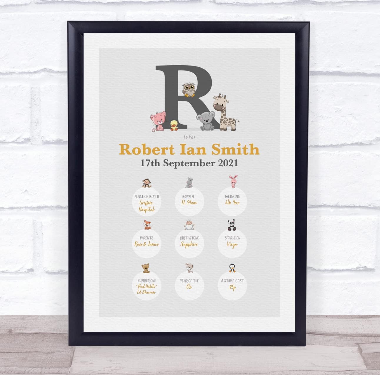 New Baby Birth Details Christening Initial R Animal Print