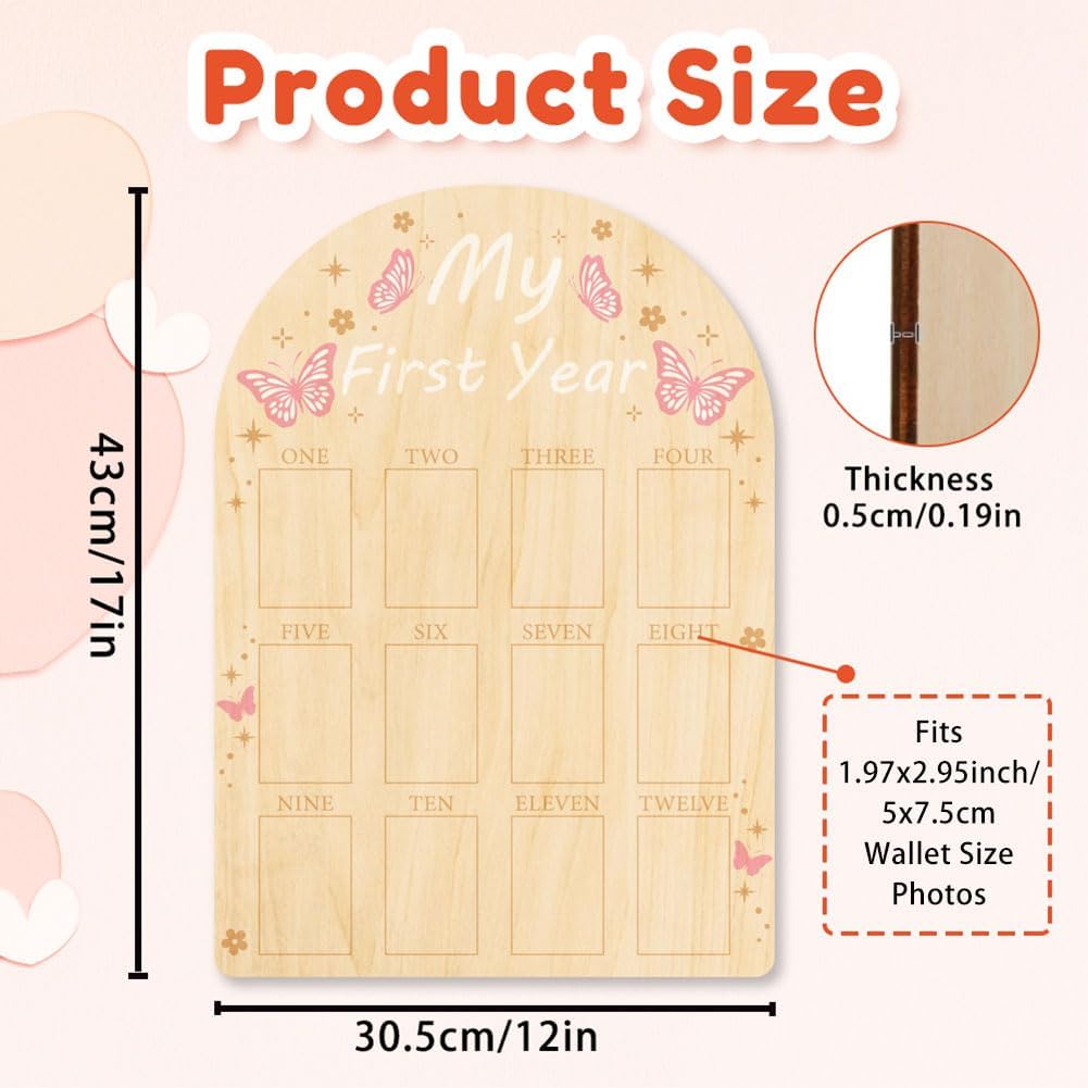 ORIGACH 12-Month Baby Growth Photo Display Board - Pink Butterfly Design