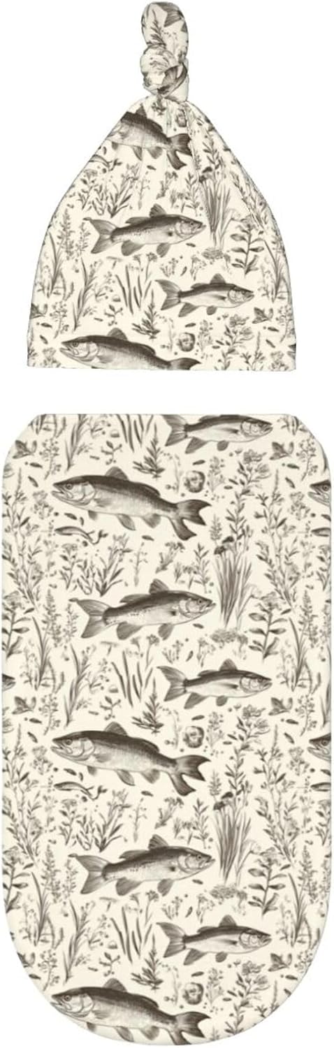 Muishi Vintage Bass Fishes Fishing Swaddle Blanket Hat Set 1