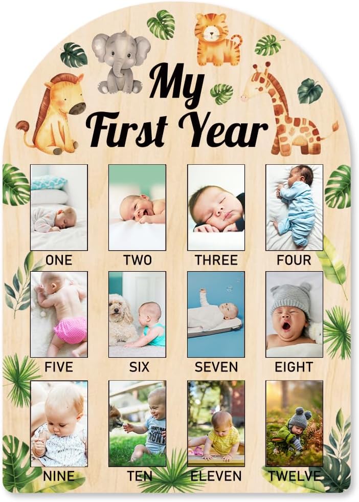 ORIGACH 12-Month Baby Growth Photo Frame with Jungle Animals