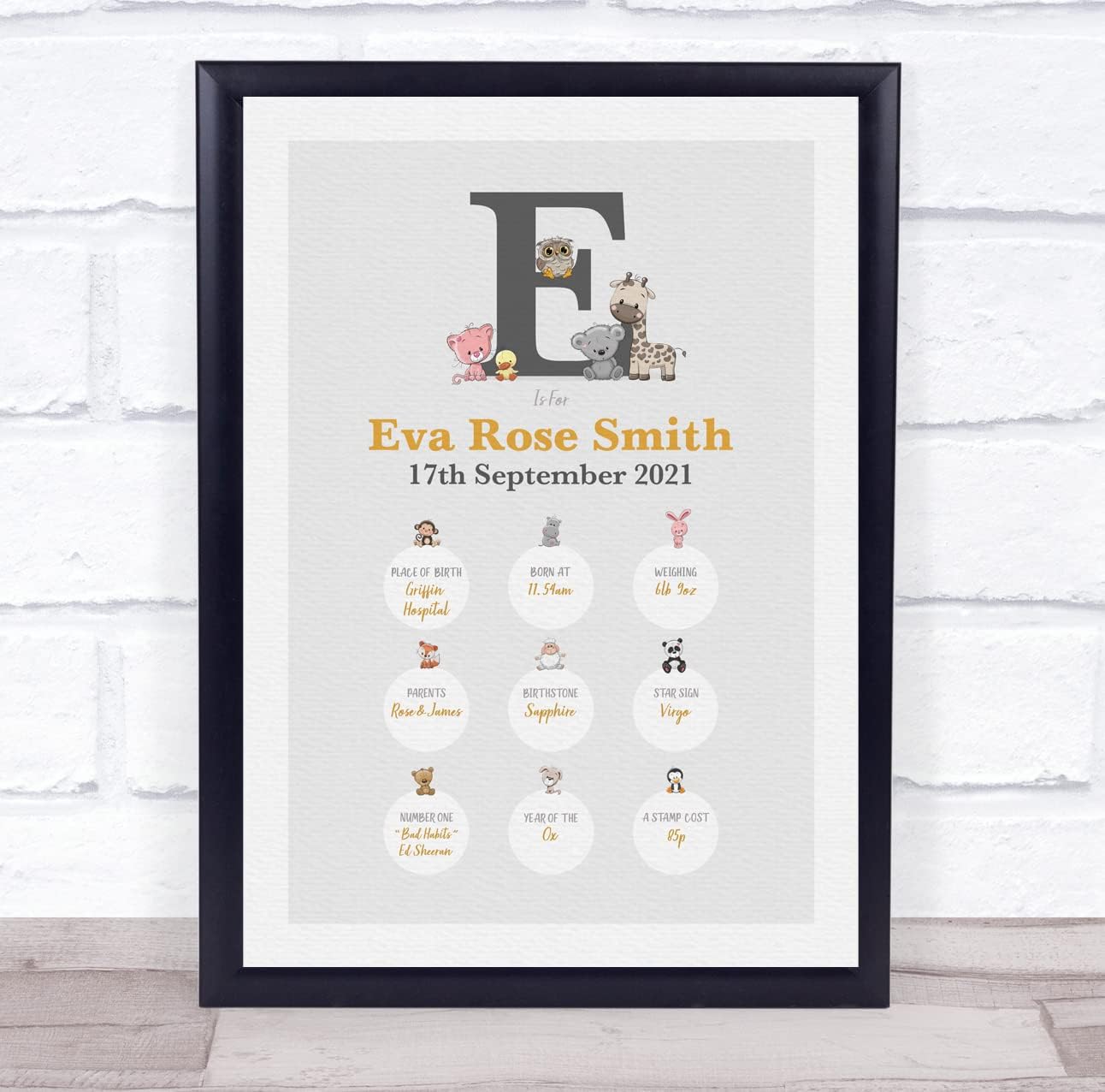 New Baby Birth Details Christening Animal Initial E Print 1