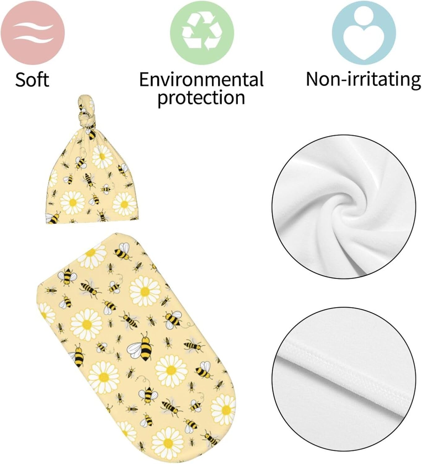 Lcokin Cute Bee Swaddle Blanket Set with Beanie Hat