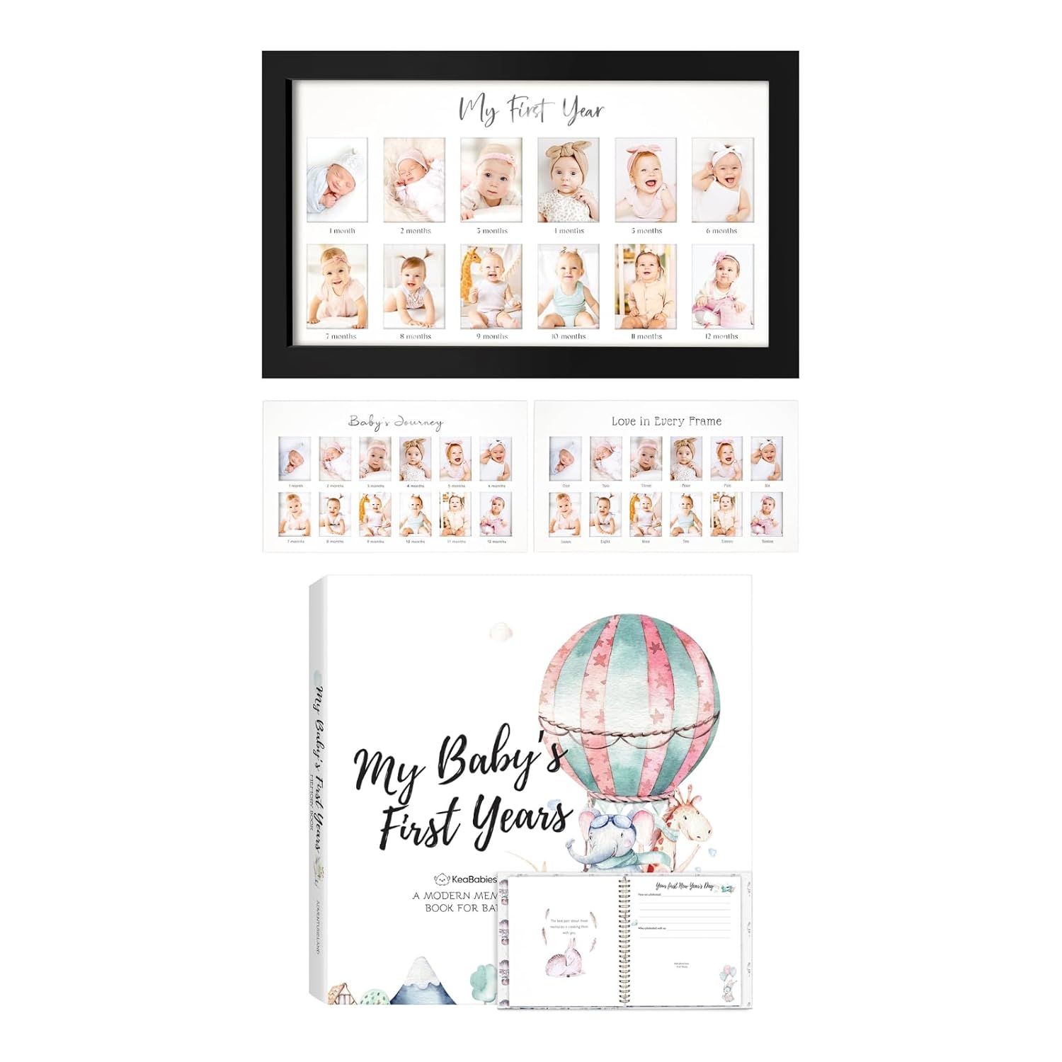KeaBabies 12-Month Baby Photo Frame with 90-Page Memory Book