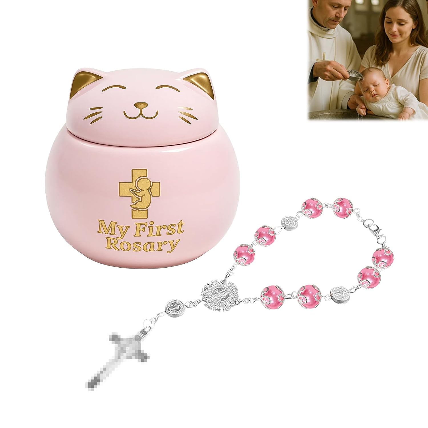 My First Rosary with Pink Ceramic Box Catholic Baptism Gift