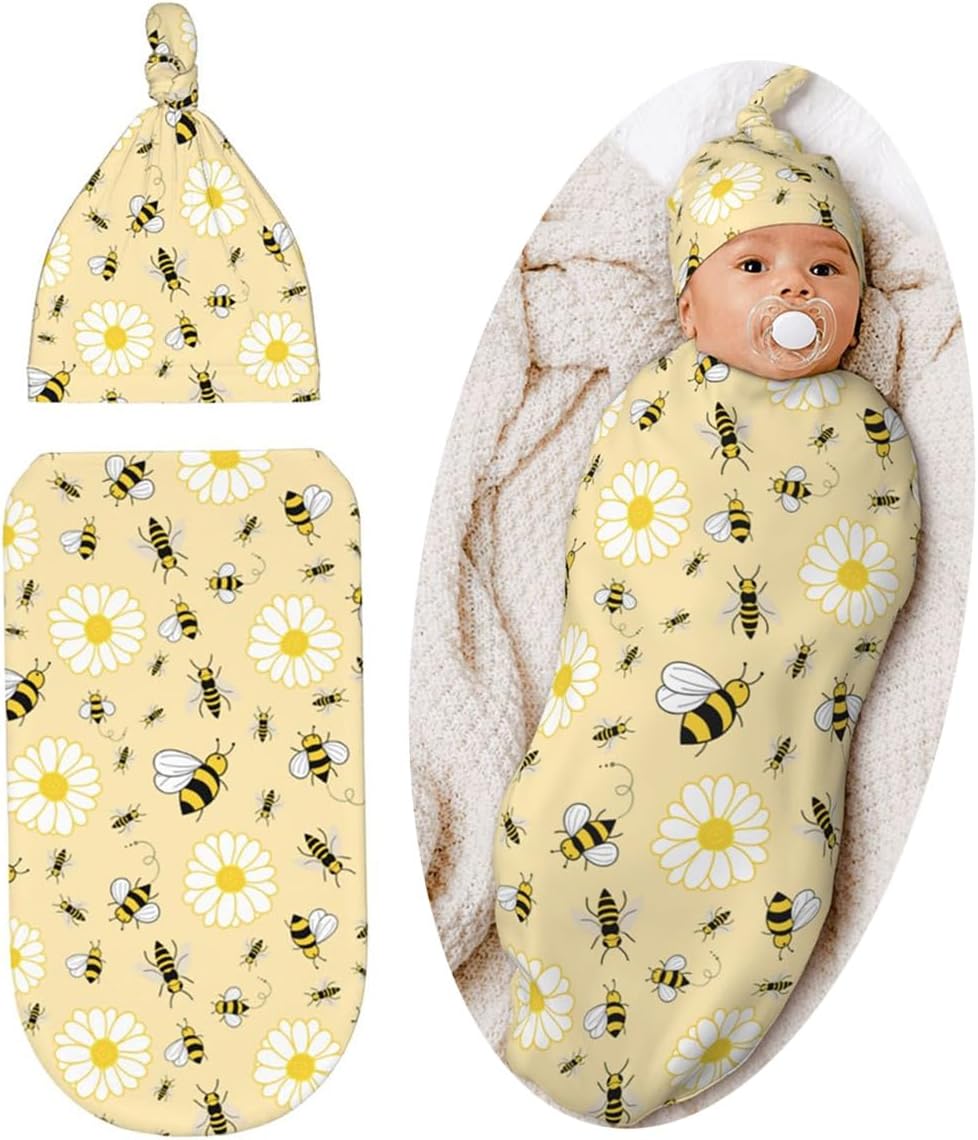 Lcokin Cute Bee Swaddle Blanket Set with Beanie Hat