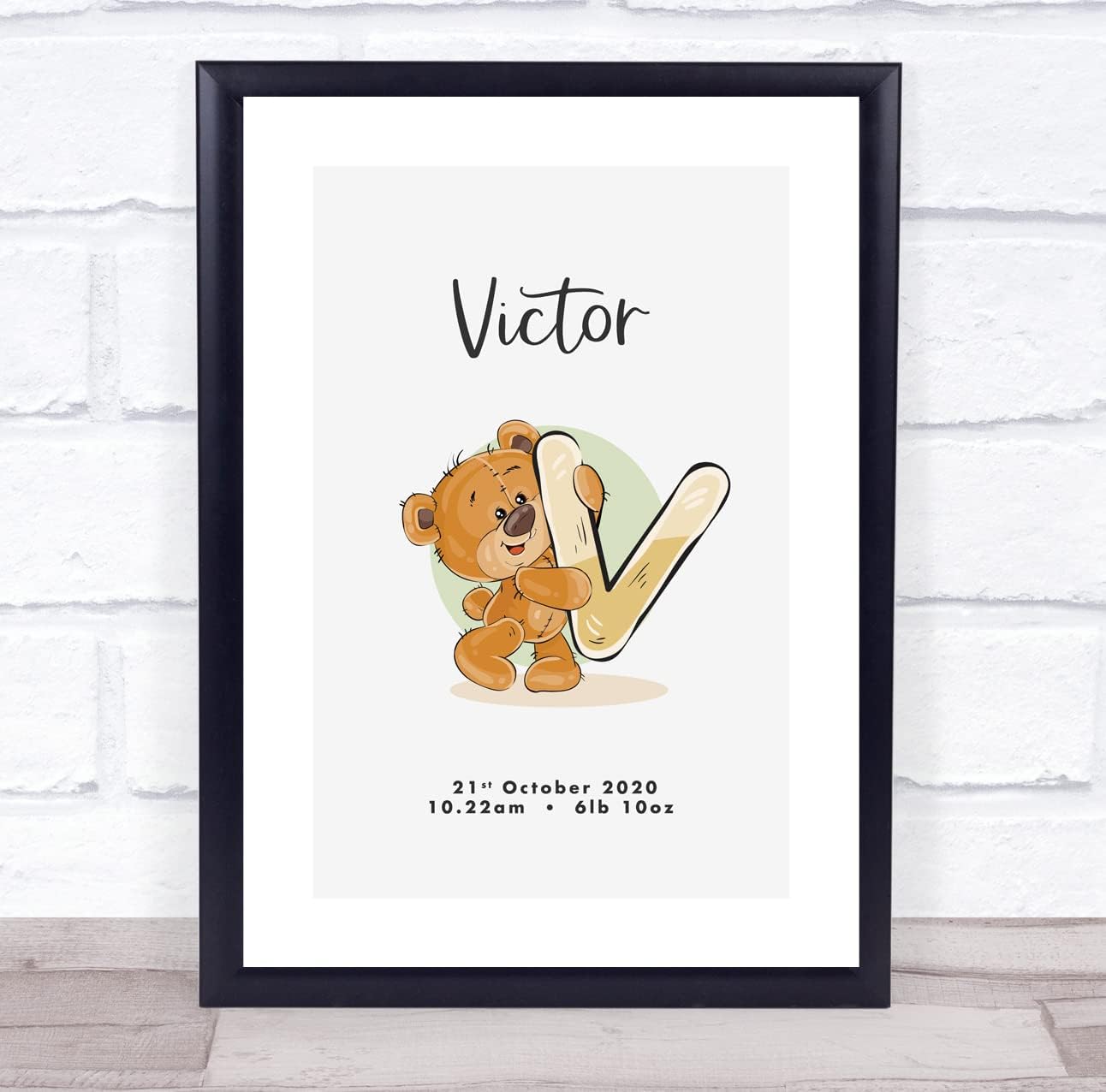New Baby Birth Details Christening Bear Initial V Keepsake Print