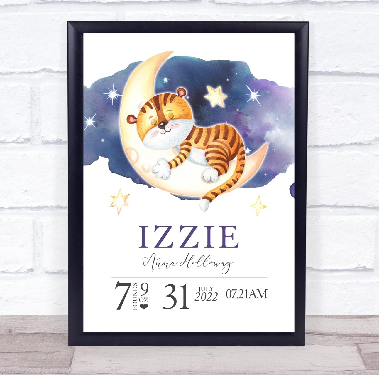 Birth Details Nursery Christening New Baby Cat Moon Keepsake Print
