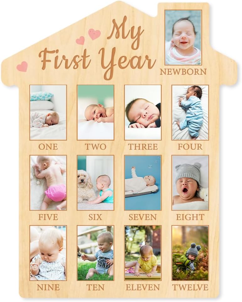 ORIGACH First Year Baby Growth Photo Board - 12 Months Wood Frame with Pink Heart