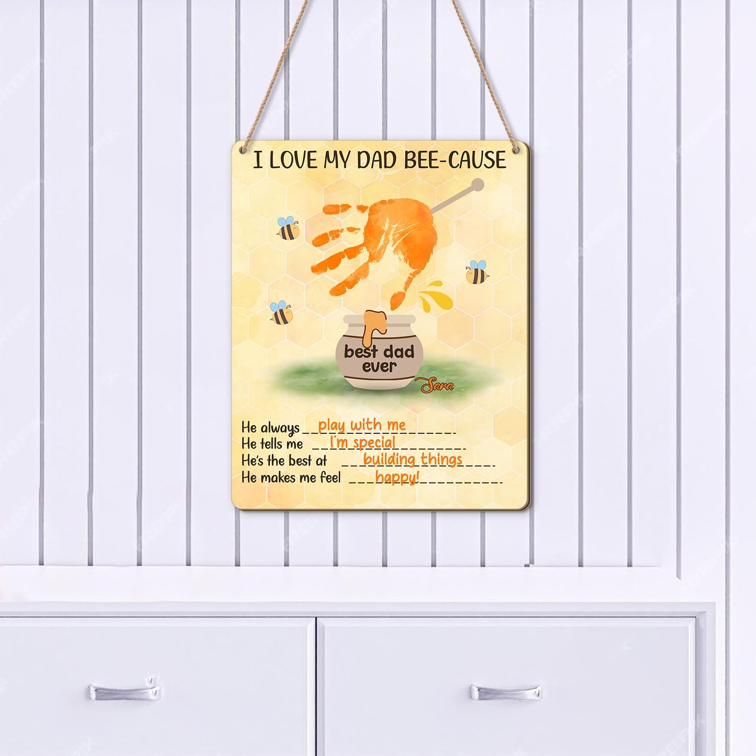 Custom DIY I Love My Dad Bee-Cause Handprint Wall Plaque