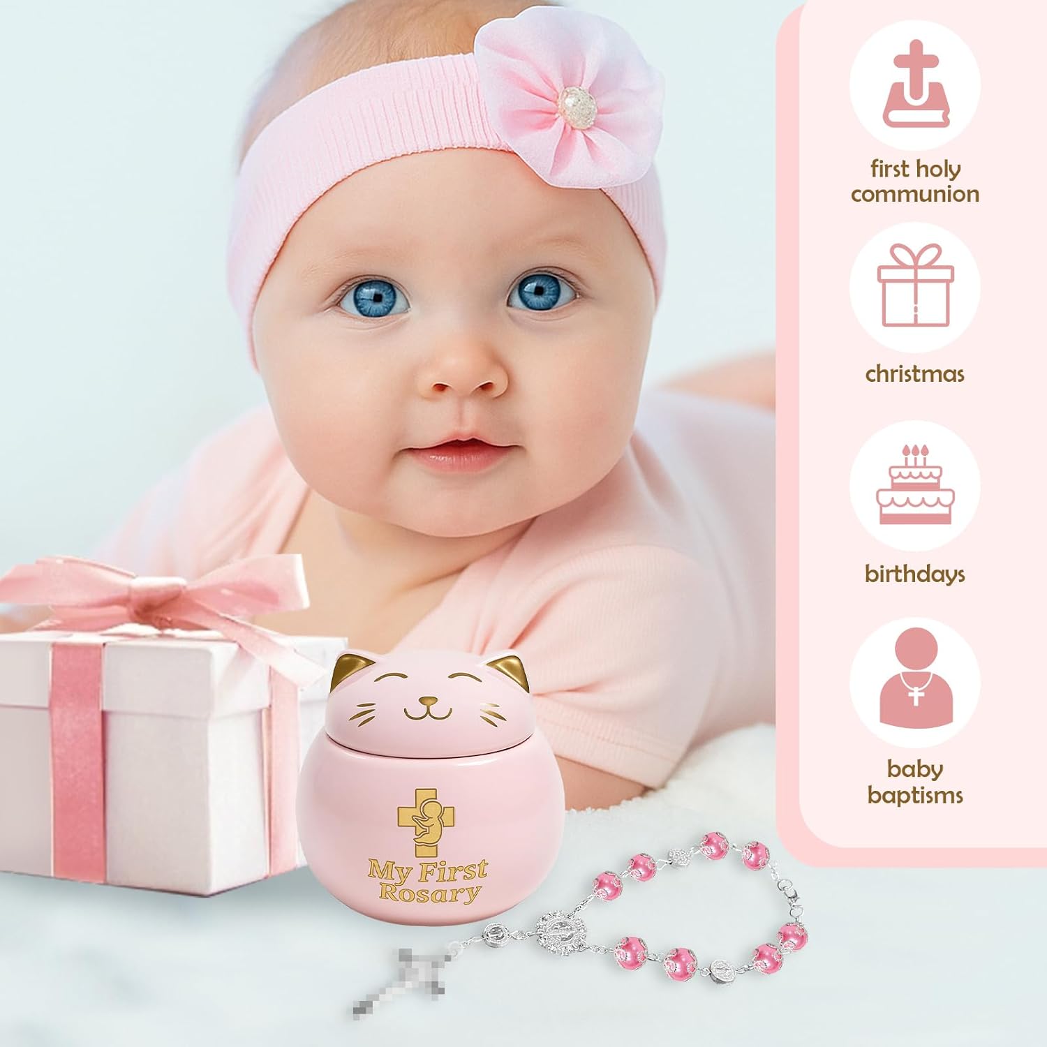 My First Rosary with Pink Ceramic Box Catholic Baptism Gift