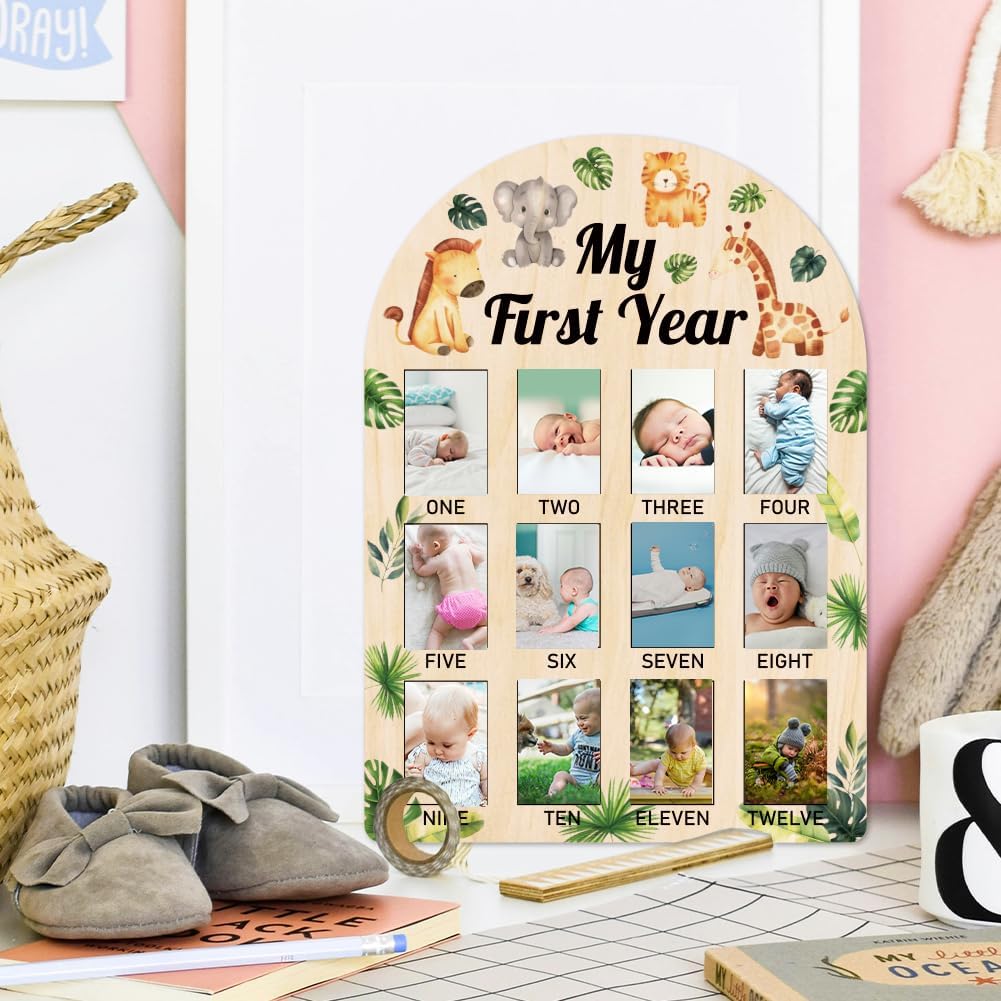 ORIGACH 12-Month Baby Growth Photo Frame with Jungle Animals