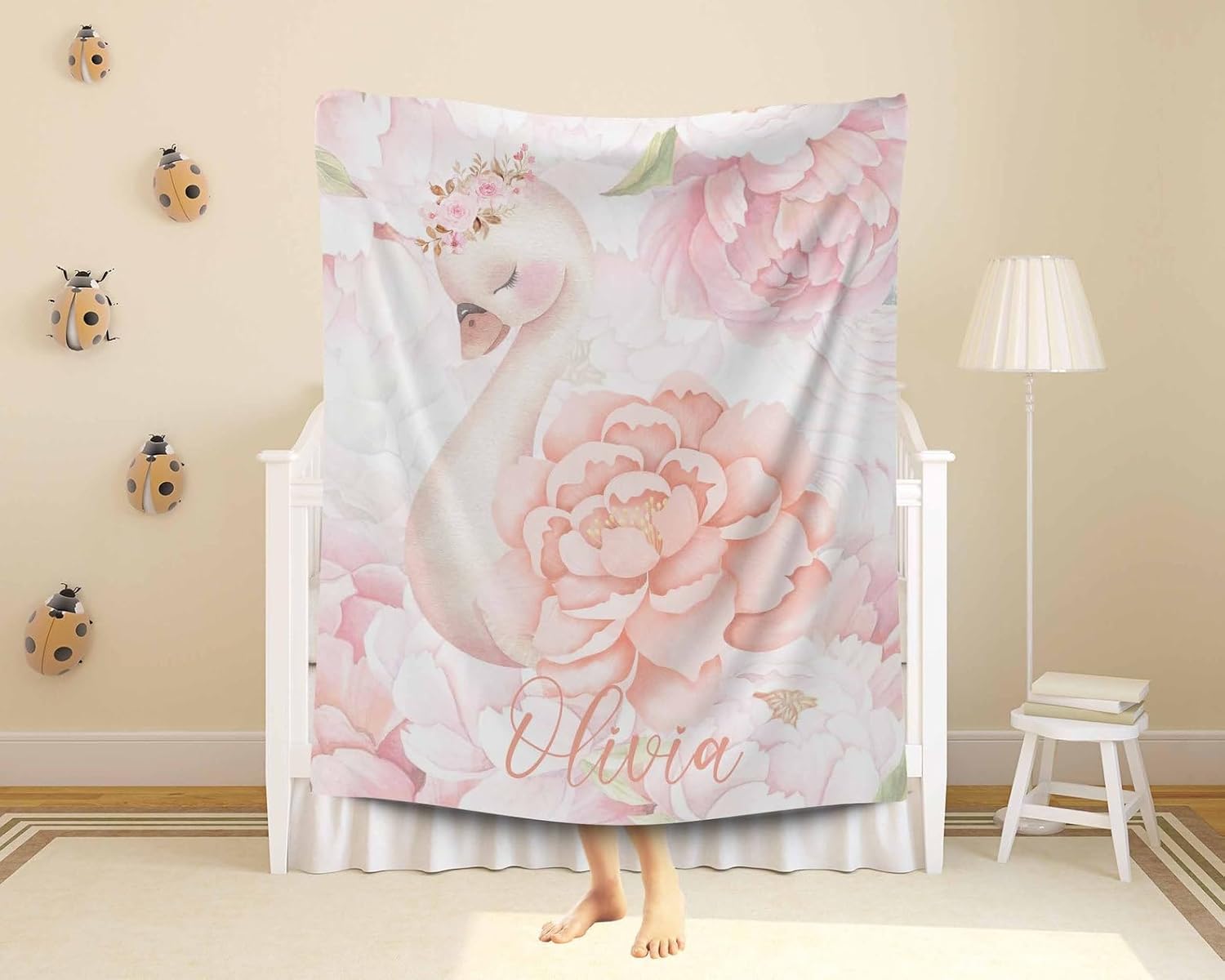 Customized Pink Baby Blanket with Floral Swan Design