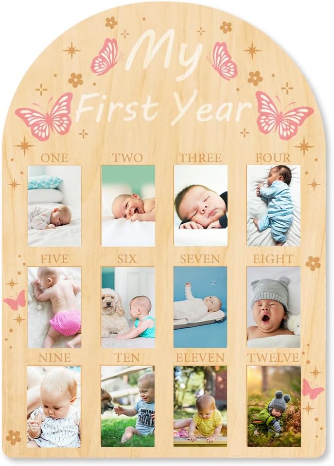 ORIGACH 12-Month Baby Growth Photo Display Board - Pink Butterfly Design